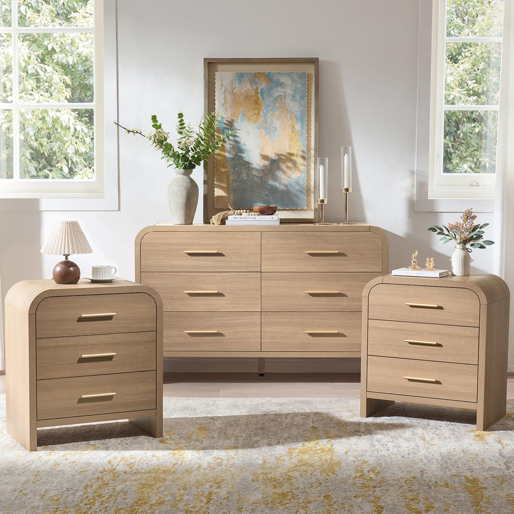 3-Piece Modern Bedroom Furniture Set, 6-Drawer& 1-Drawer Nightstands Set of 2, Unique Curved Design Wooden Dresser and Nightstand Sets for Bedroom, Hallway, Oak