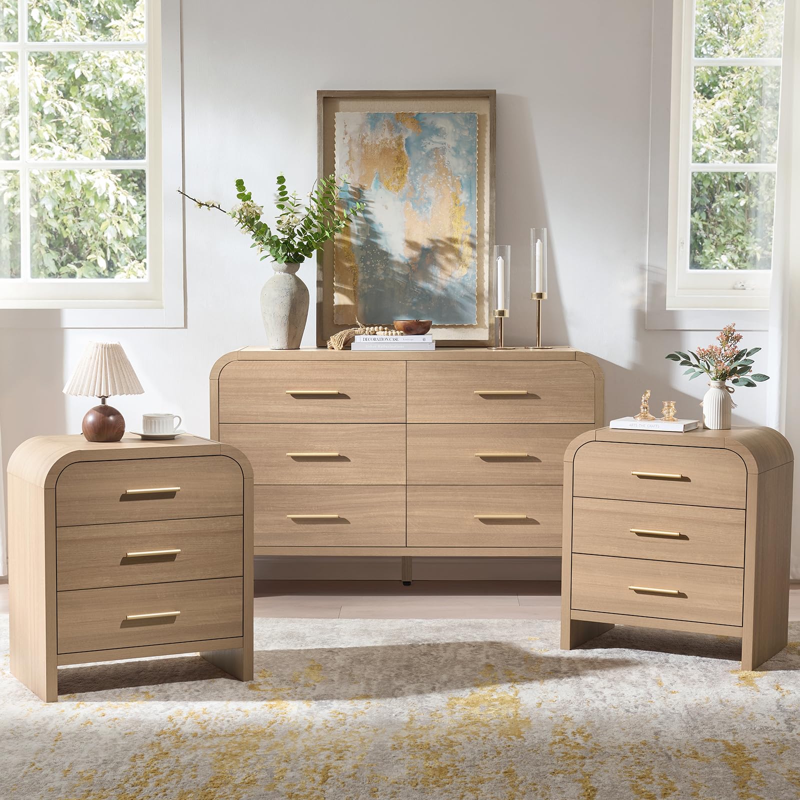 3-Piece Modern Bedroom Furniture Set, 6-Drawer& 1-Drawer Nightstands Set of 2, Unique Curved Design Wooden Dresser and Nightstand Sets for Bedroom, Hallway, Oak