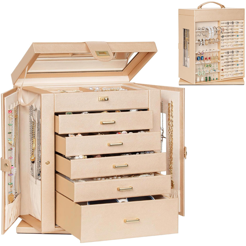 AKOZLIN Jewelry Box 6-Tier Organizer Functional 360° Rotating Jewelry Storage Case for Women Girls Ring Necklace Earring Bracelet Holder with Mirror