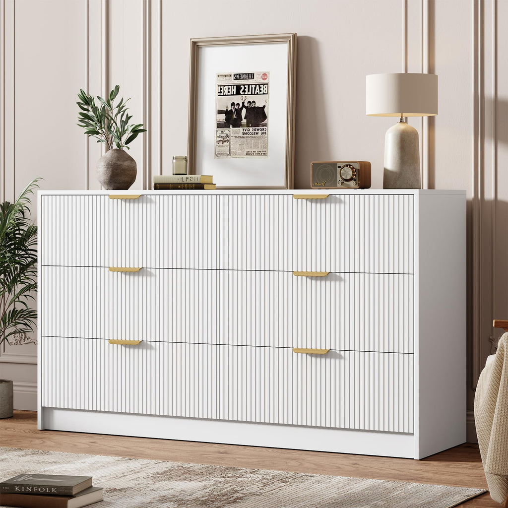 Garvee 6 Drawers Dresser for Bedroom - 54" Wide Modern Fluted Double Chest of Drawers with Golden Metal Handles, Large TV Stand Multi-Function Home Organizer for Living Room, Entryway, Hallway, Black