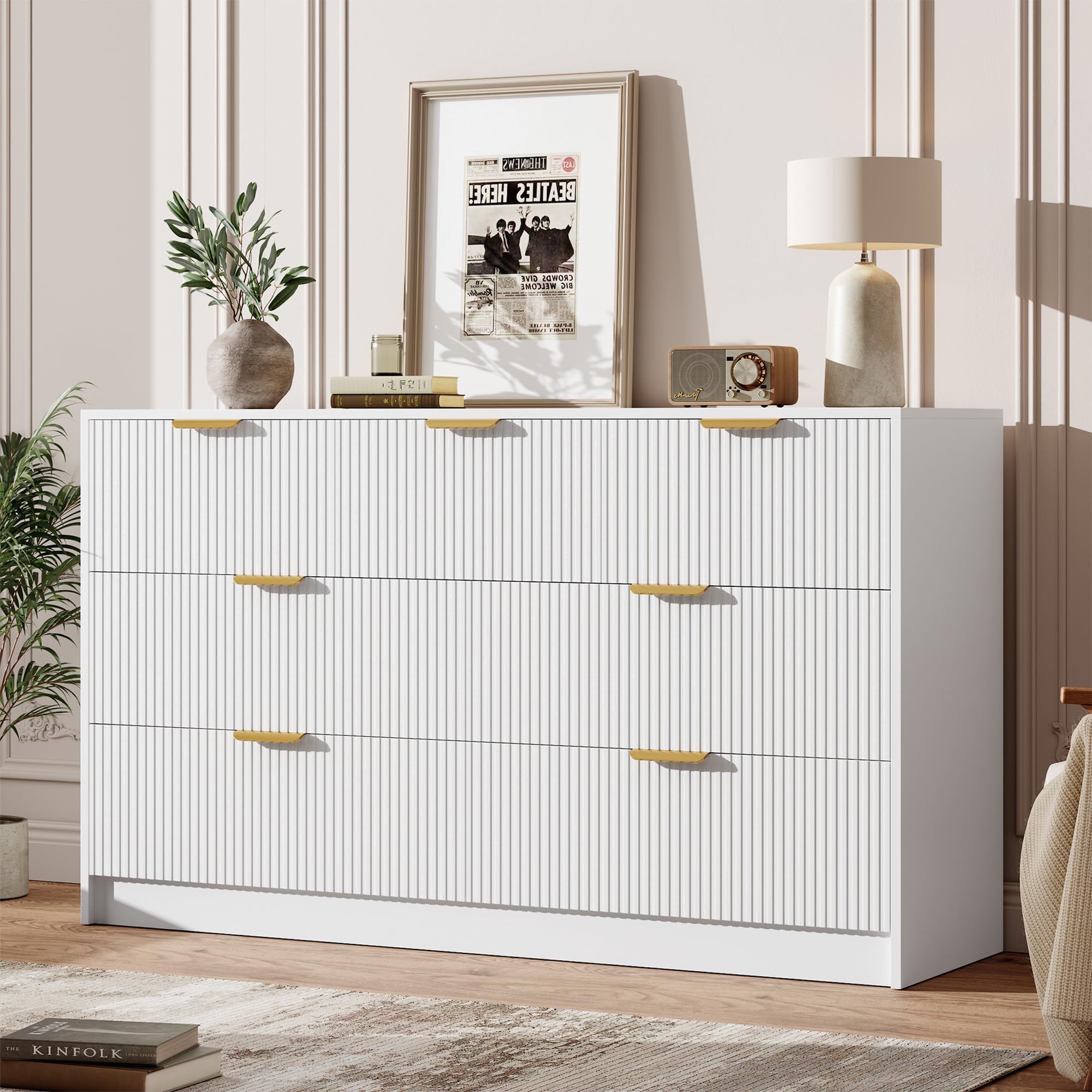 Garvee 6 Drawers Dresser for Bedroom - 54" Wide Modern Fluted Double Chest of Drawers with Golden Metal Handles, Large TV Stand Multi-Function Home Organizer for Living Room, Entryway, Hallway, Black