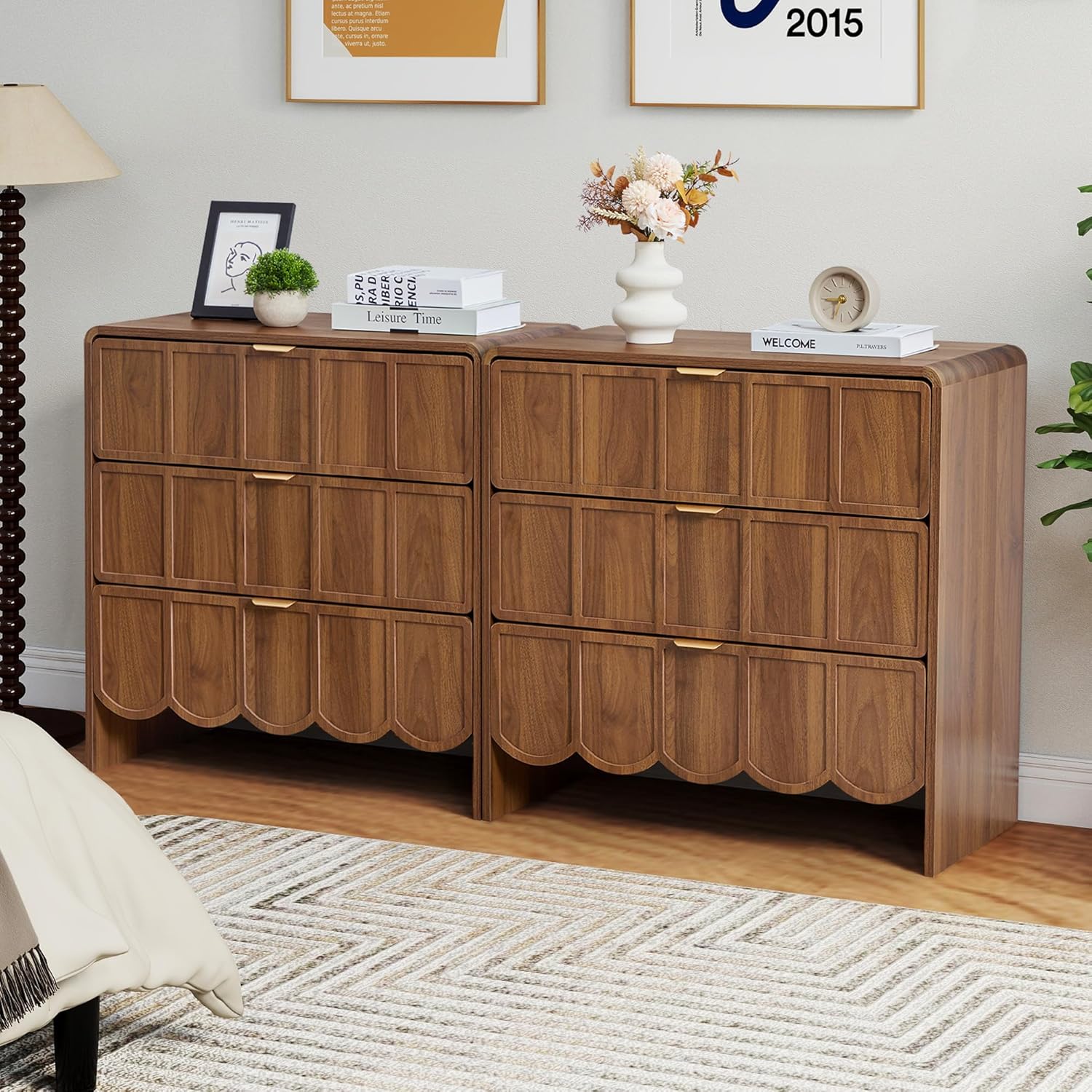 ORRD 3 Drawer Dresser for Bedroom Set of 2, Modern Closet Chest of Drawers with Wave Fluted Drawer, Wood Storage Small Dresser Organizer for Nursery Bedroom Living Room Hallway Closet (Walnut)