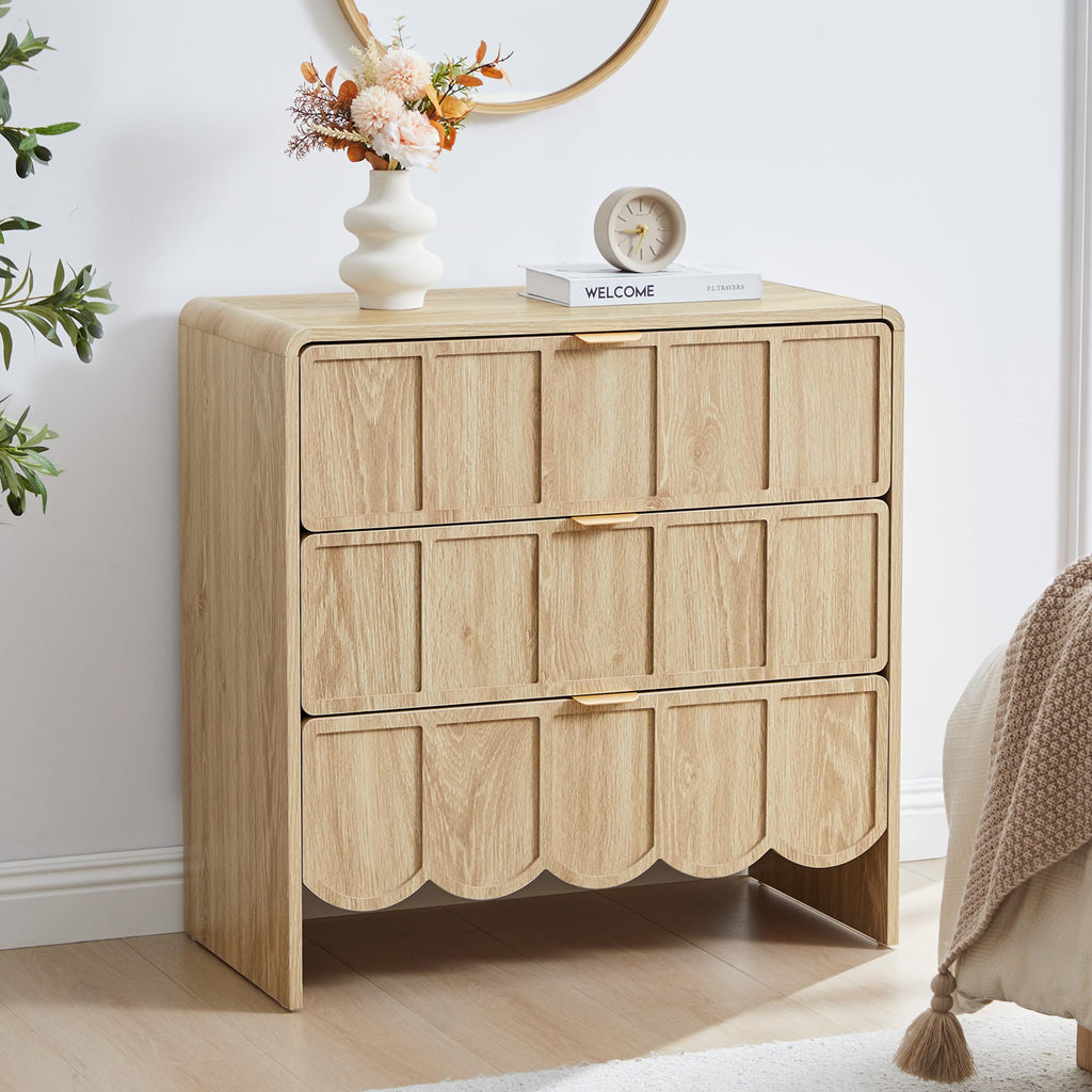 ORRD 3 Drawer Dresser for Bedroom Set of 2, Modern Closet Chest of Drawers with Wave Fluted Drawer, Wood Storage Small Dresser Organizer for Nursery Bedroom Living Room Hallway Closet (Walnut)