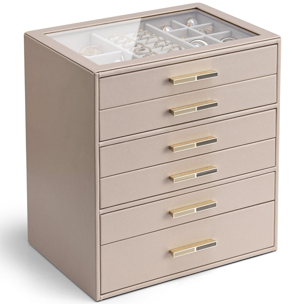 VLANDO 4 Layer Jewelry Box for Women, Glass Lid Jewelry Organizer with 4 Drawers for Necklaces Rings Earrings Bracelets - Cloud White