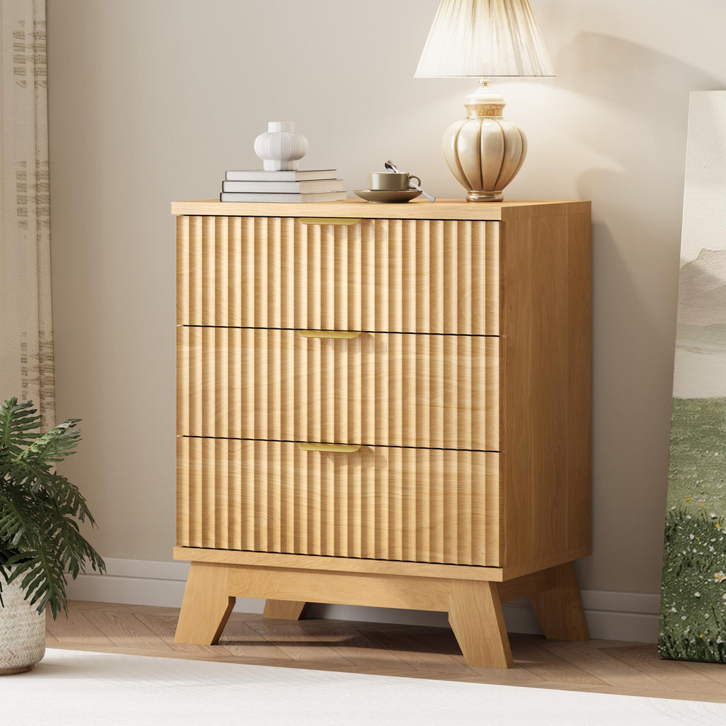 Fluted Dresser for Bedroom with 9 Drawers, 57" Wide Modern Chest of Drawers with Metal Handle, Wooden Dresser TV Stand, Wood Closet Clothes Storage Organizer for Living Room, Hallway, Natural Oak