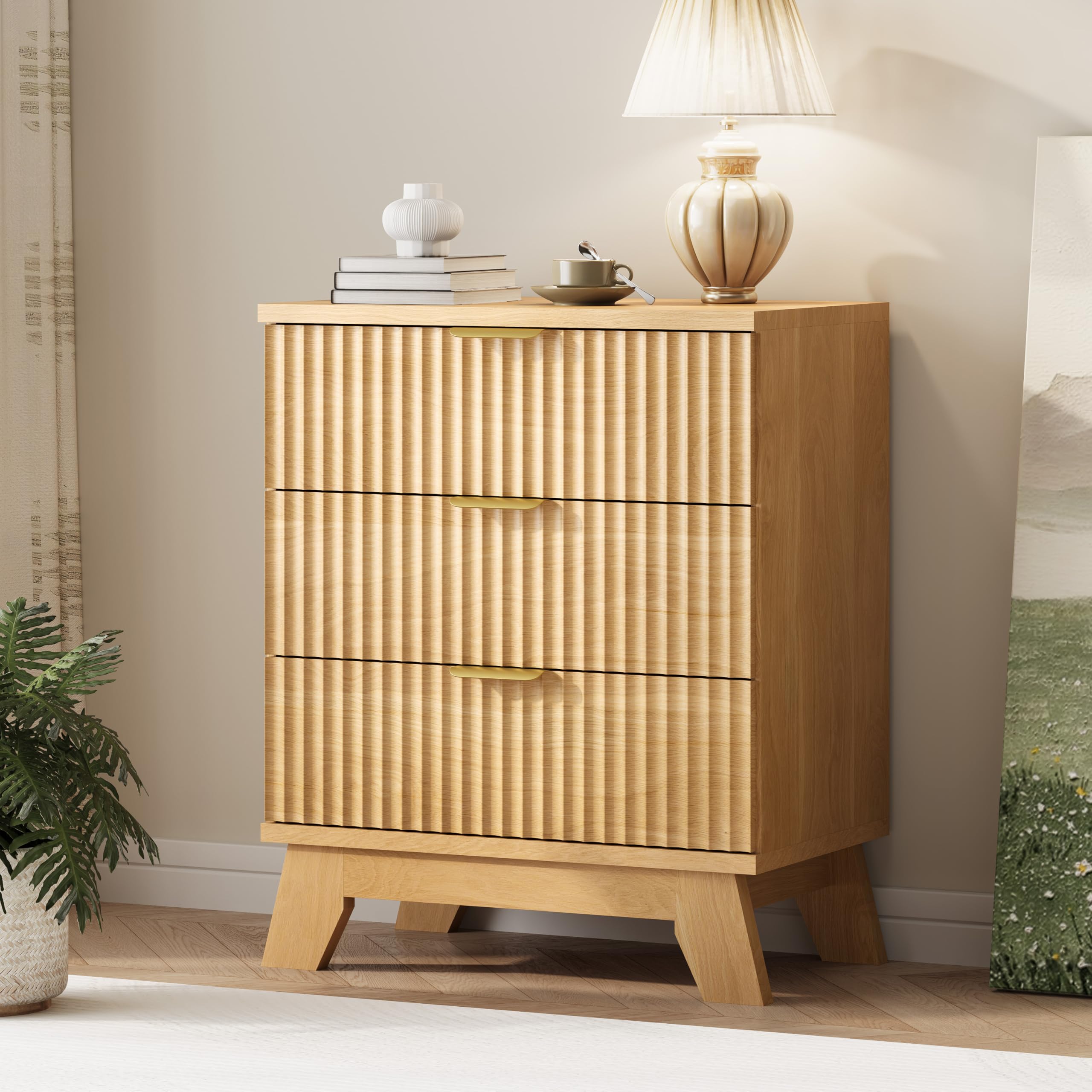 Fluted Dresser for Bedroom with 9 Drawers, 57" Wide Modern Chest of Drawers with Metal Handle, Wooden Dresser TV Stand, Wood Closet Clothes Storage Organizer for Living Room, Hallway, Natural Oak