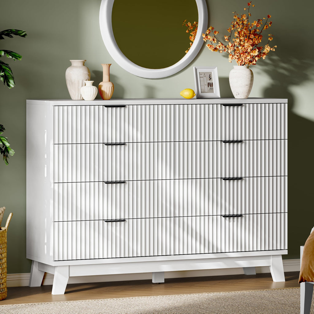 Xixini Fluted Dresser with 9 Drawers, 63" Wide Modern Chest of Drawers with Metal Handle, Wooden Dresser TV Stand, Wood Closet Clothes Storage Organizer for Bedroom, Living Room, Hallway, Natural Oak