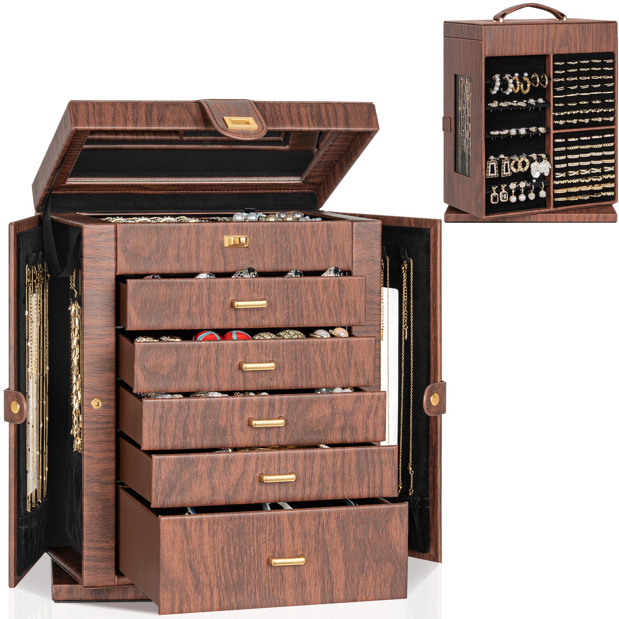 AKOZLIN Jewelry Box 6-Tier Organizer Functional 360° Rotating Jewelry Storage Case for Women Girls Ring Necklace Earring Bracelet Holder with Mirror