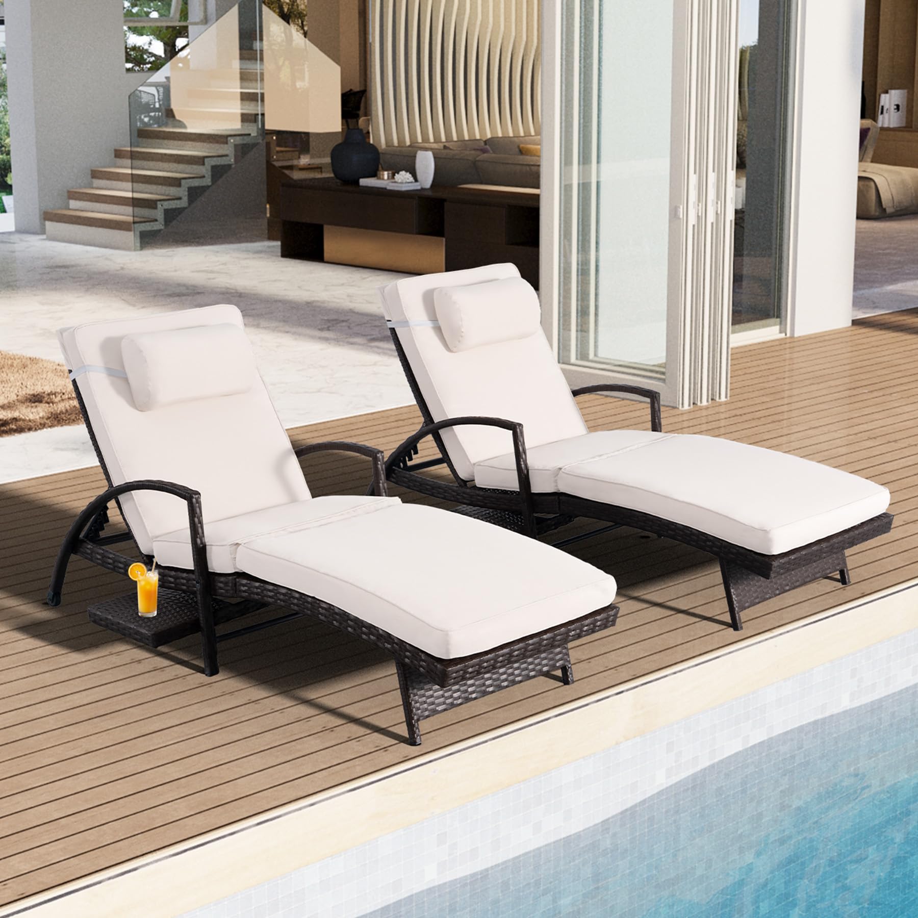 Chaise Lounge Chairs Set of 2, 6-Position Adjustable Outdoor Recliner with Side Table & Wheel,All-Weather PE Rattan Wicker Patio Lounge Chair With Removable Cushion for Poolside Backyard Beach (Beige)