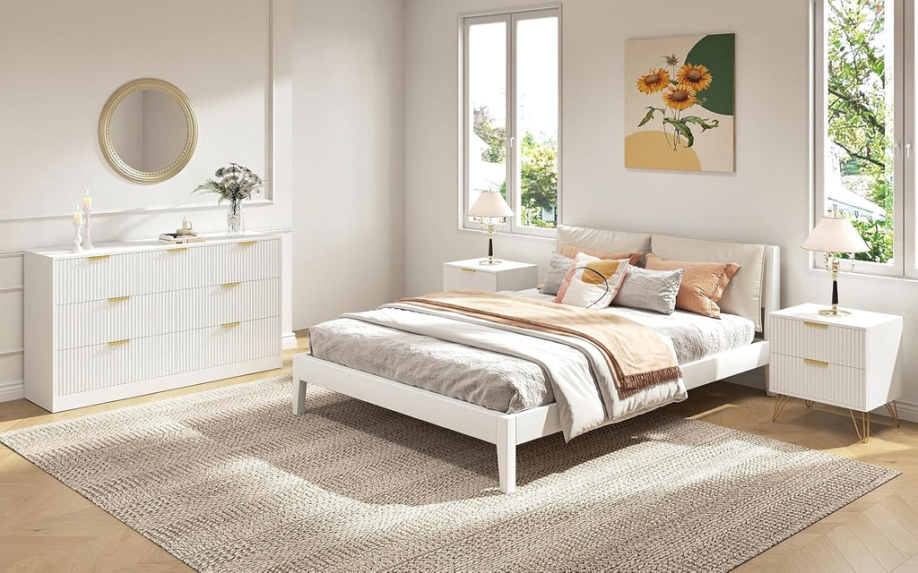 3Pcs White Modern Bedroom Furniture Set, 55" Wide Fluted Dresser + 2 Gold Handle Nightstands
