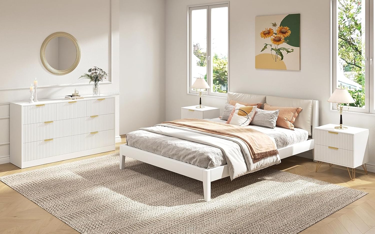 3Pcs White Modern Bedroom Furniture Set, 55" Wide Fluted Dresser + 2 Gold Handle Nightstands