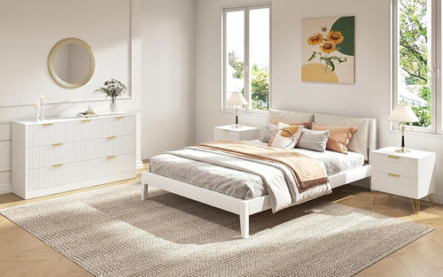 3Pcs White Modern Bedroom Furniture Set, 55" Wide Fluted Dresser + 2 Gold Handle Nightstands
