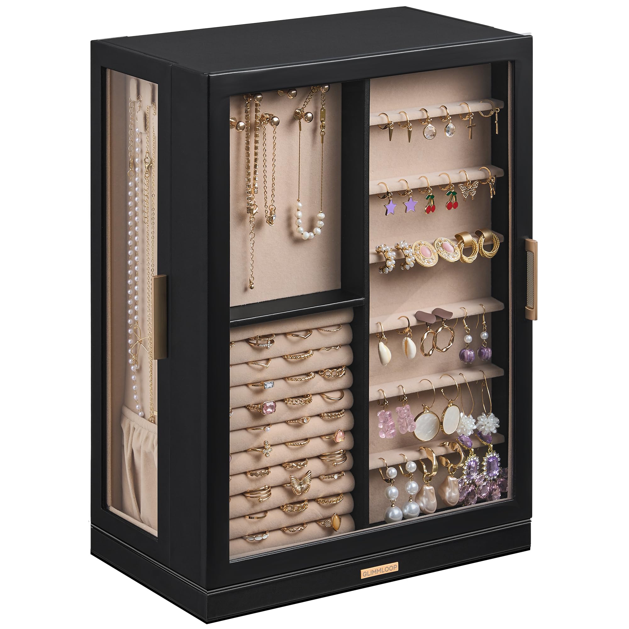 Glimmloop 360° Rotating Jewelry Box with 5 Drawers, Spacious Vertical Jewelry Organizer with Glass Window, Jewelry Storage Case, Dustproof & Moisture-resistant Design, White