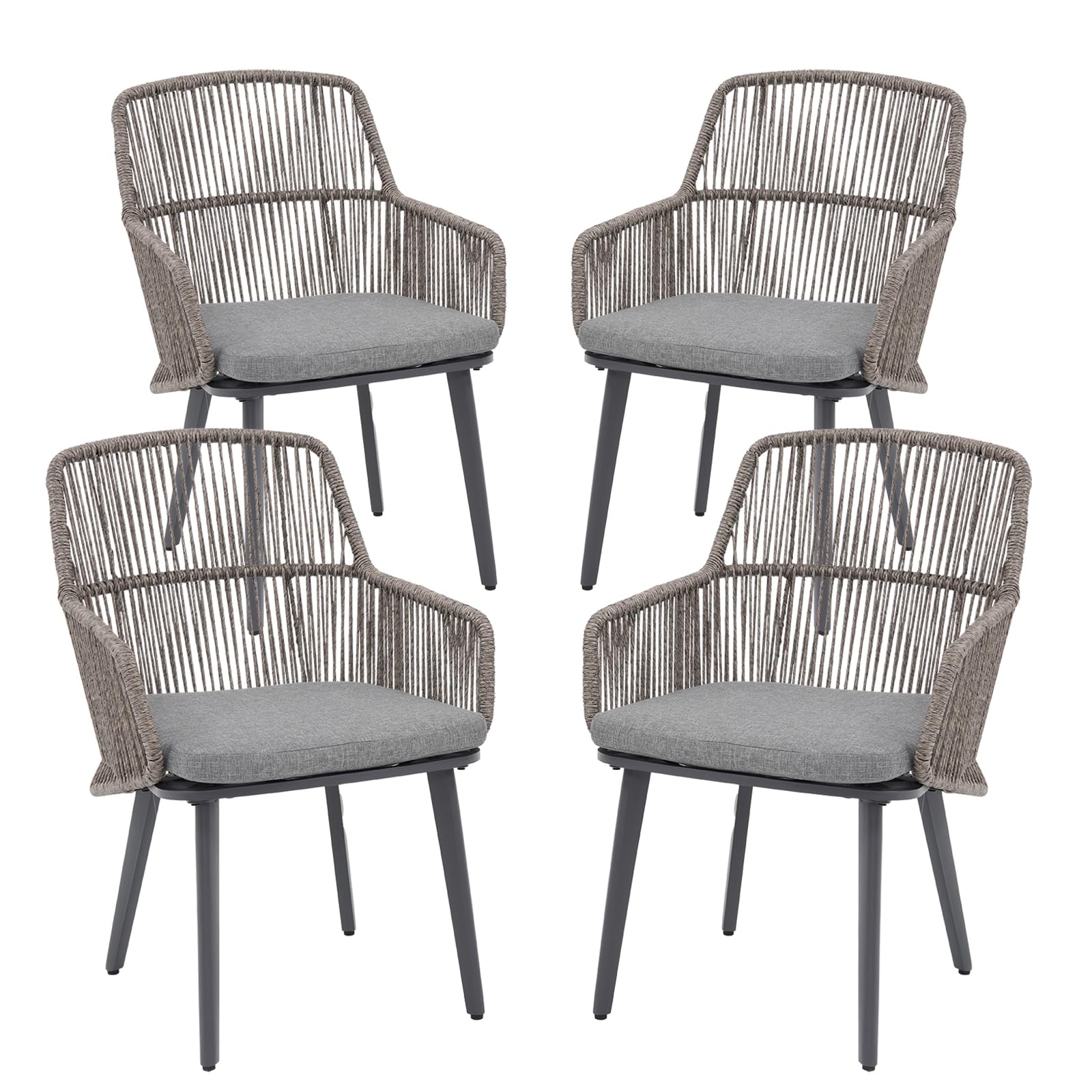 Patiorama Patio Dining Chairs Set of 2, Woven Rope Outdoor Dining Chairs w/Steel Frame, All-Weather Twisted Wicker Rattan Chairs with Armrest & Cushion for Indoor Garden Lawn Backyard(Dark Grey)