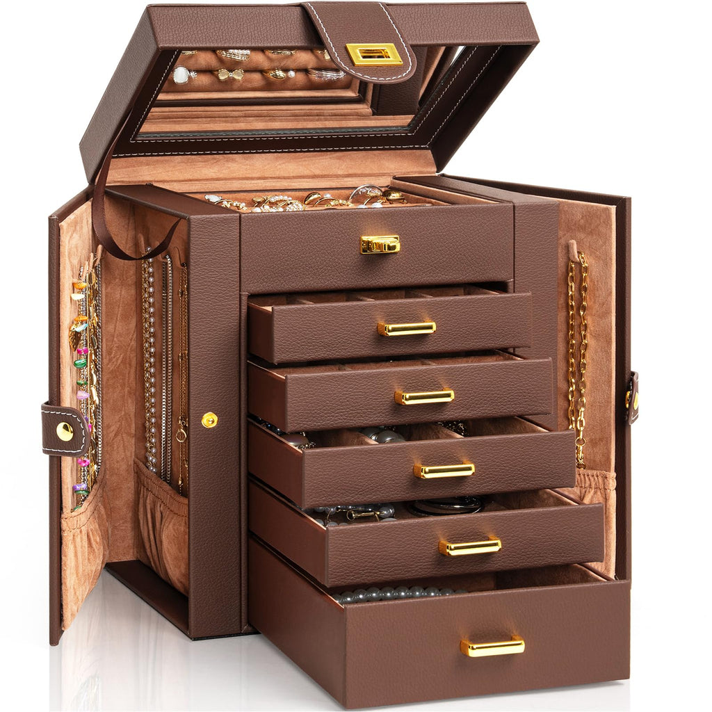 AKOZLIN Jewelry Box Organizer Functional Leather Jewelry Storage Case for Women Girls Ring Necklace Earring Bracelet Holder Organizer with Mirror Black