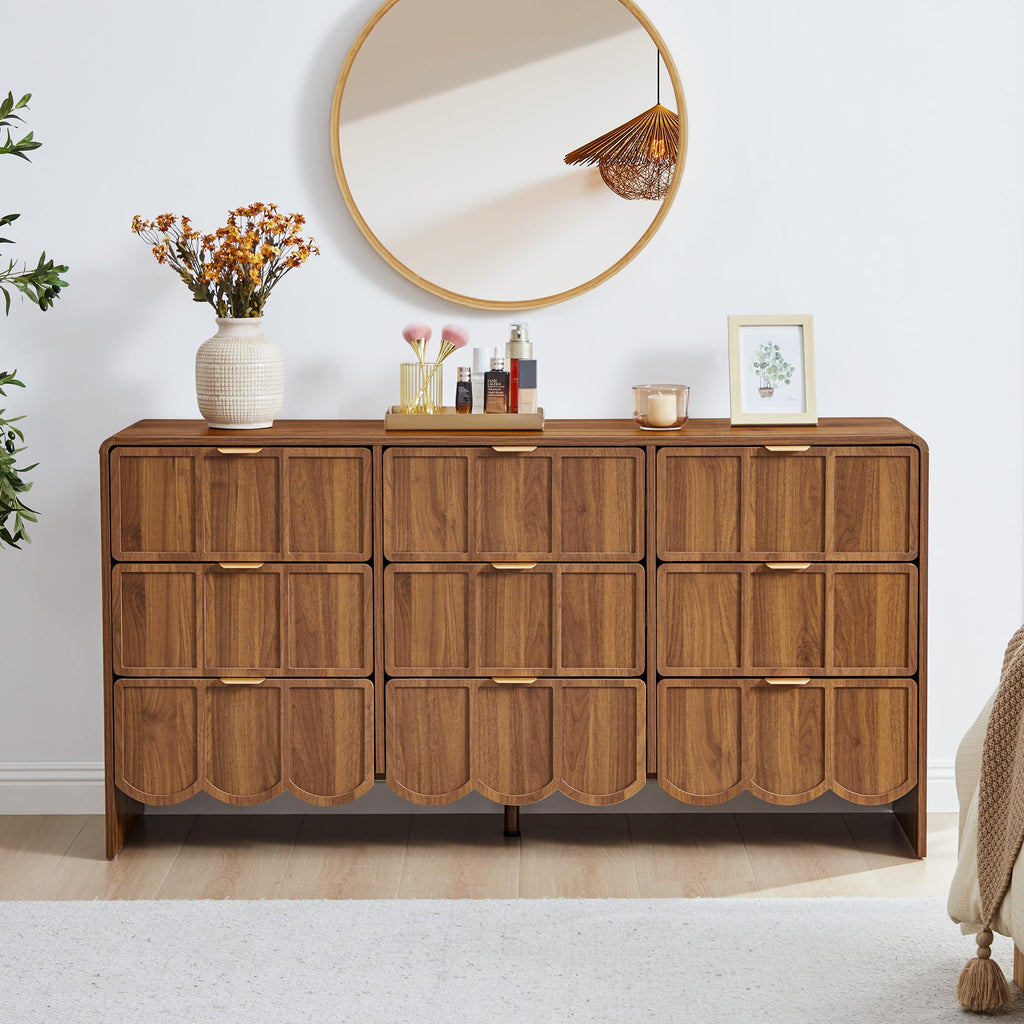 ORRD 3 Drawer Dresser for Bedroom Set of 2, Modern Closet Chest of Drawers with Wave Fluted Drawer, Wood Storage Small Dresser Organizer for Nursery Bedroom Living Room Hallway Closet (Walnut)