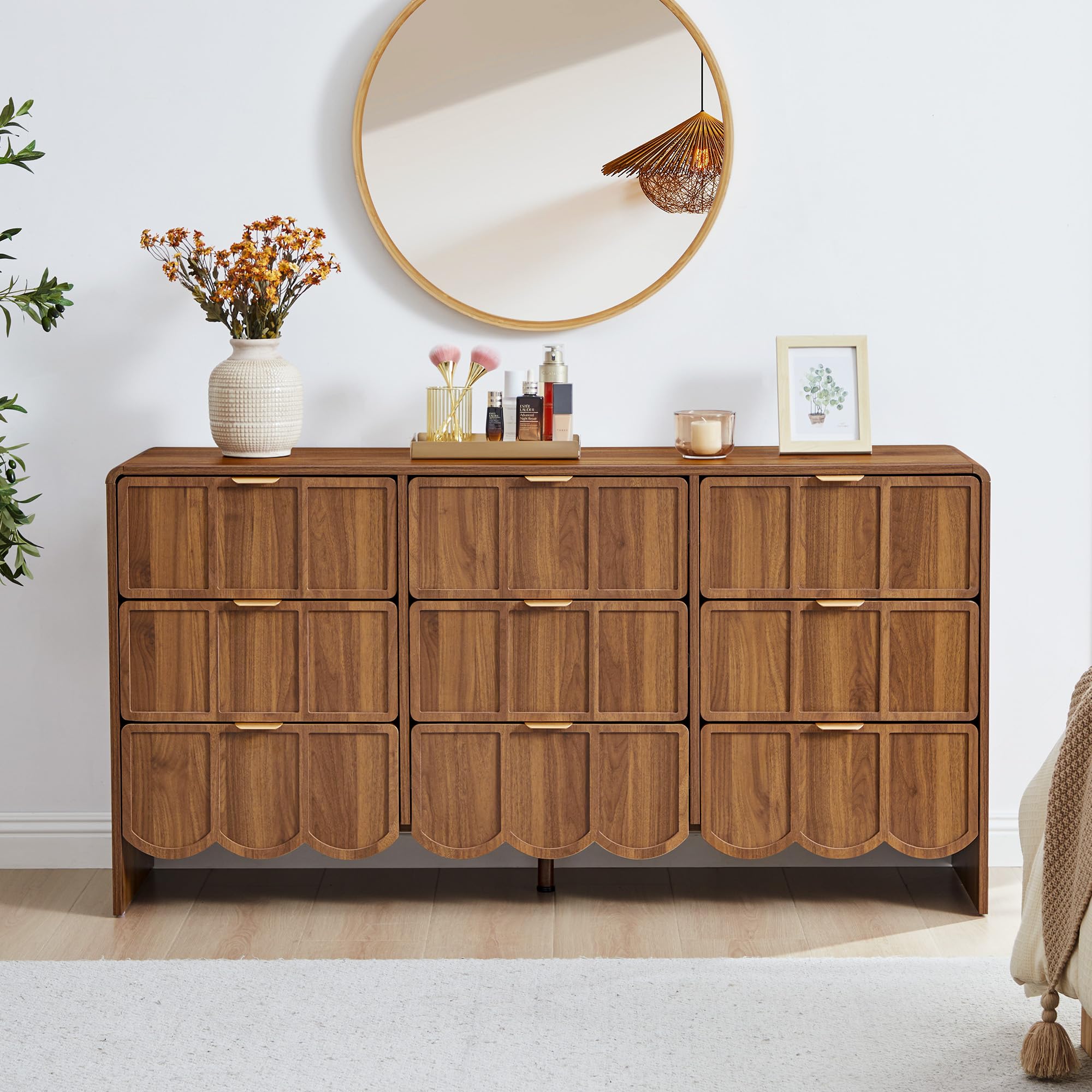 ORRD 3 Drawer Dresser for Bedroom Set of 2, Modern Closet Chest of Drawers with Wave Fluted Drawer, Wood Storage Small Dresser Organizer for Nursery Bedroom Living Room Hallway Closet (Walnut)