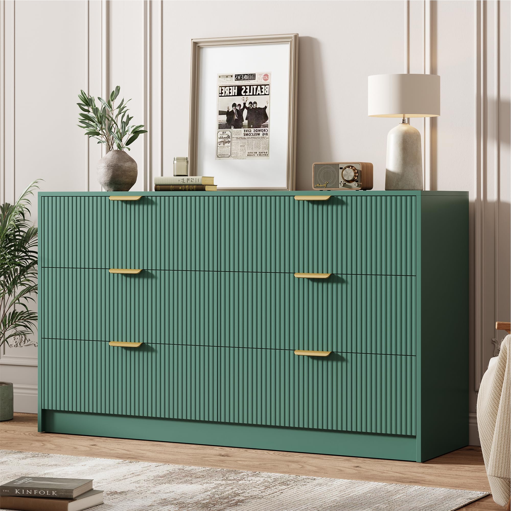 Garvee 6 Drawers Dresser for Bedroom - 54" Wide Modern Fluted Double Chest of Drawers with Golden Metal Handles, Large TV Stand Multi-Function Home Organizer for Living Room, Entryway, Hallway, Black