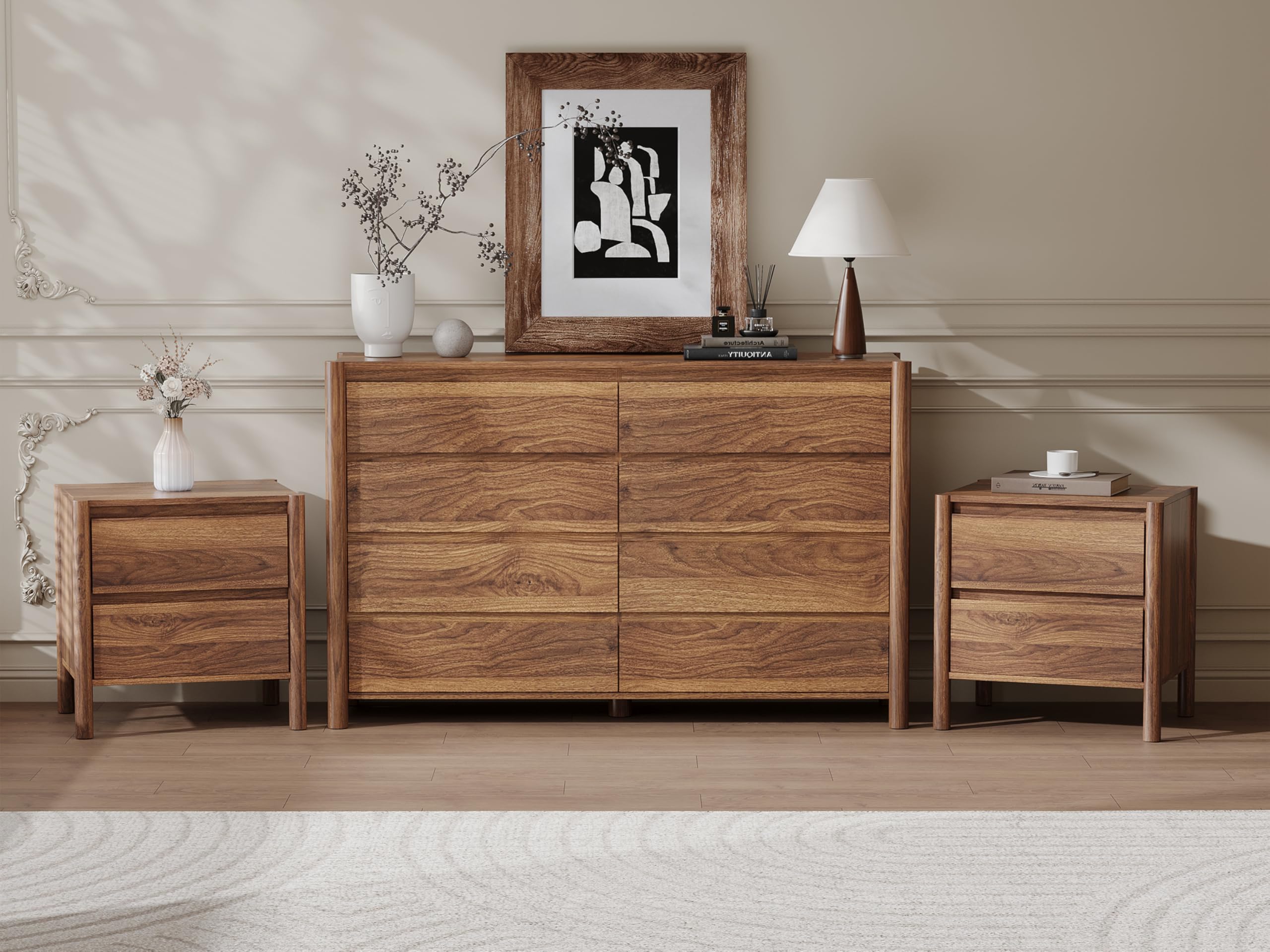 CHUWELL 3-Piece Bedroom Dresser Set-9 Drawer Dresser & 2 Nightstands,47" Wide Walnurt Dresser and Night Stands with Solid Wood Cylindrical Legs,Rustic Wooden Storage for Bedroom