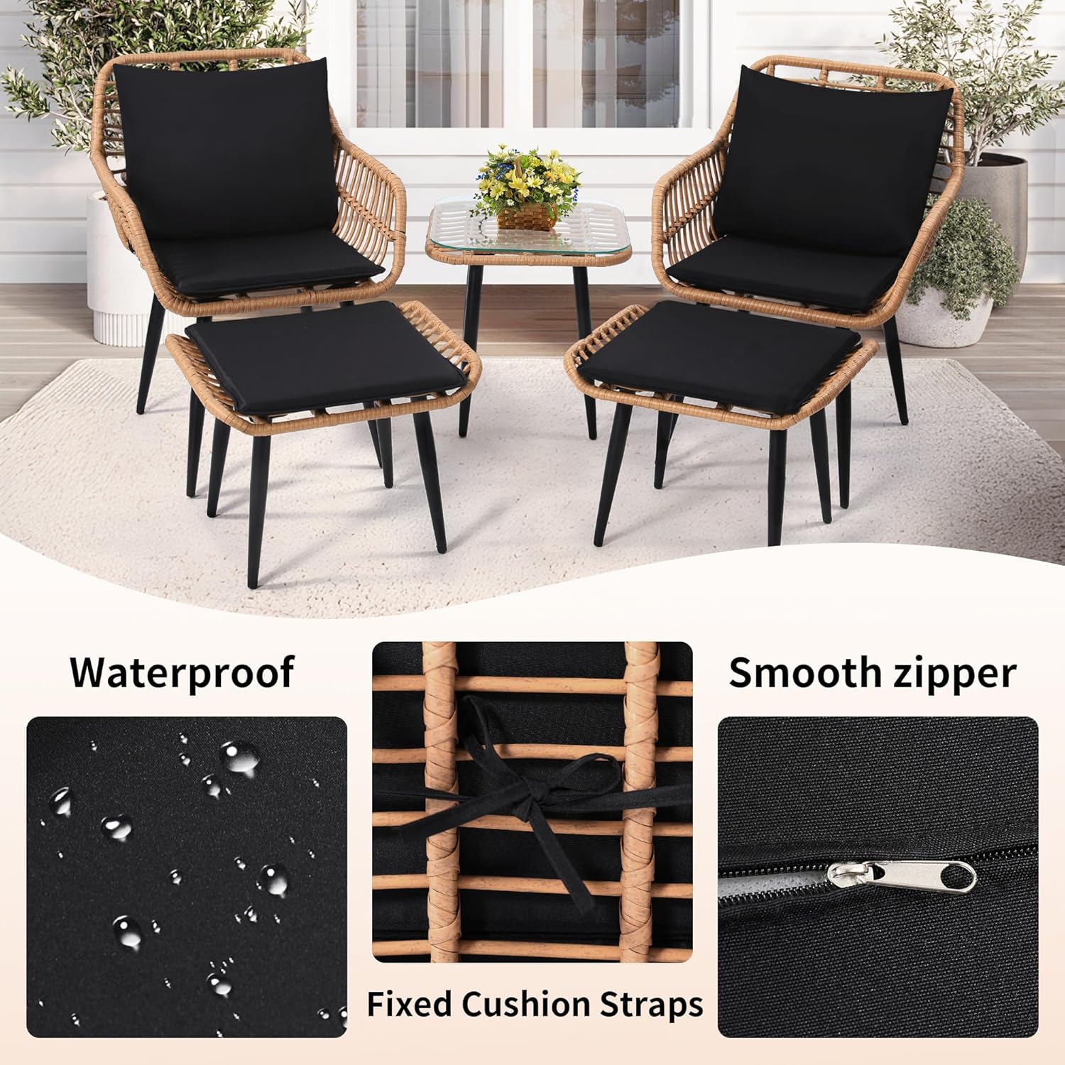 KROFEM 5 Piece Wicker Bistro Patio Conversation Furniture Set, Includes 2 Chairs, 2 Ottomans, and Side Table, Ideal for Porch, Balcony, Deck, Backyard, Natural
