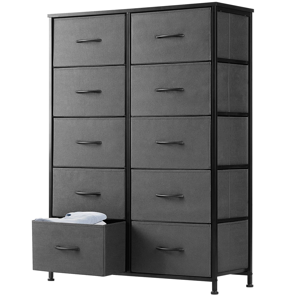 DUMOS Dresser for Bedroom, Storage Organizer with 9 Drawers, Chest of Drawers with Fabric Bins, Sturdy Metal Frame, Wood Tabletop for Guest Room, Closet, Entryway, White