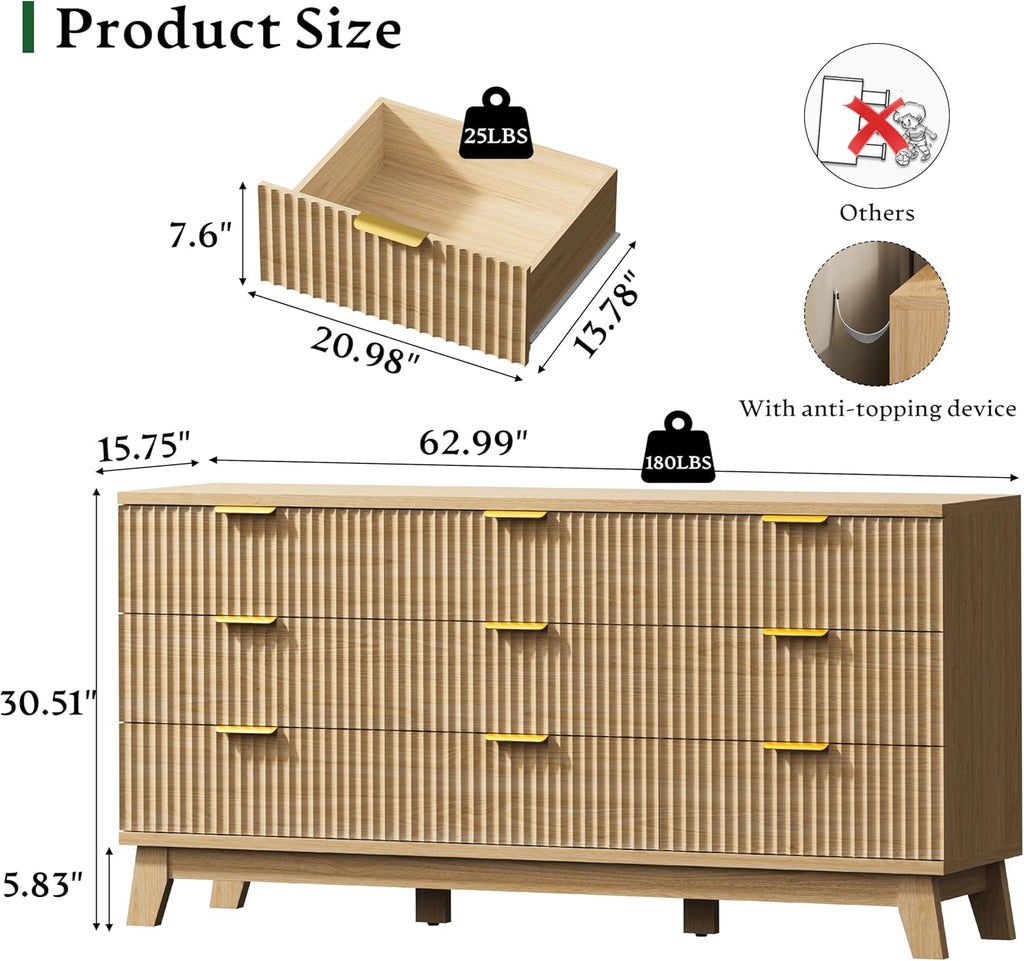 Xixini Fluted Dresser with 9 Drawers, 63" Wide Modern Chest of Drawers with Metal Handle, Wooden Dresser TV Stand, Wood Closet Clothes Storage Organizer for Bedroom, Living Room, Hallway, Natural Oak
