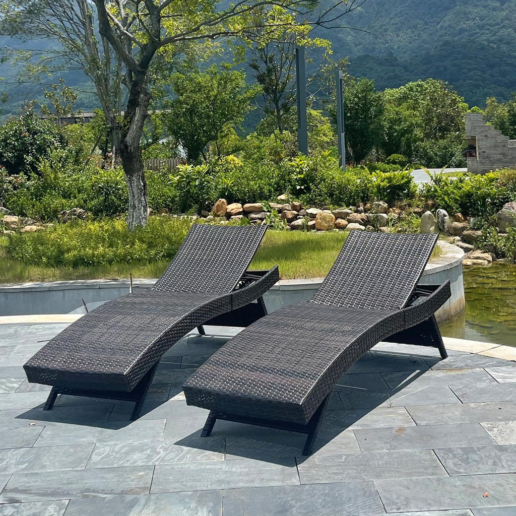 79'' Long Reclining Chaise Lounge Set (Set of 2), Outdoor Wicker Reclining Lounge Chair Patio Rattan Double Chaise Lounge Lawn Sunbathing Chairs Beach Pool Backrest Recliners (Set of 2)