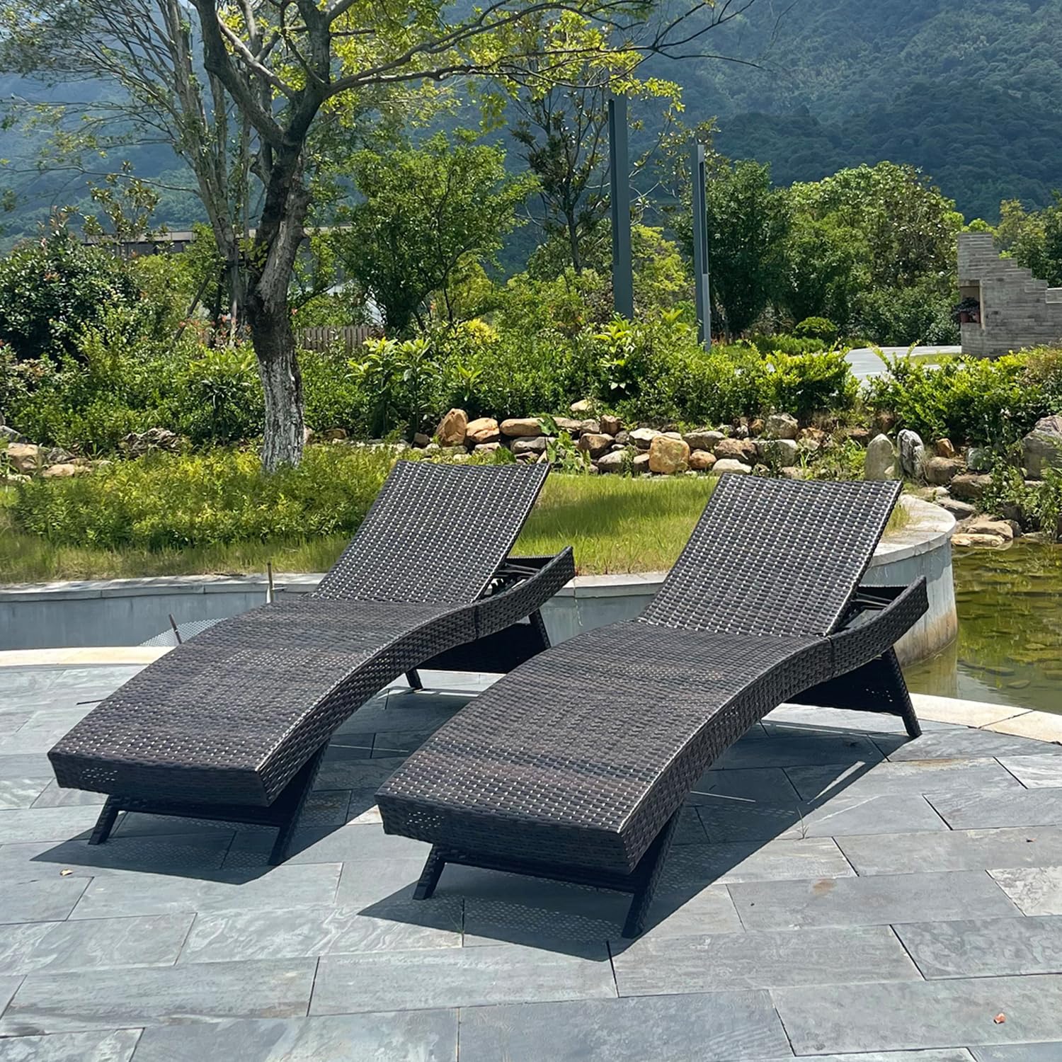79'' Long Reclining Chaise Lounge Set (Set of 2), Outdoor Wicker Reclining Lounge Chair Patio Rattan Double Chaise Lounge Lawn Sunbathing Chairs Beach Pool Backrest Recliners (Set of 2)