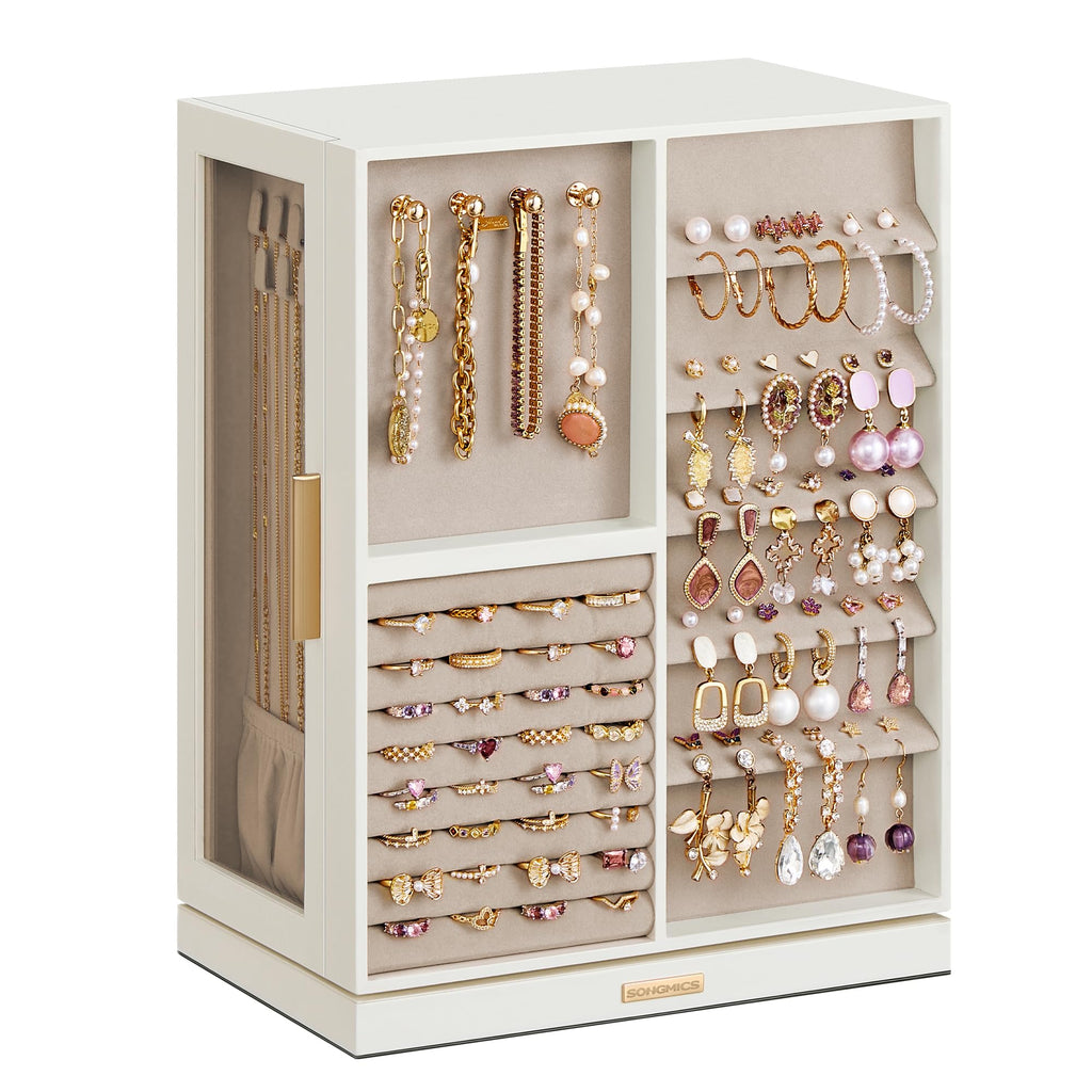 SONGMICS Jewelry Box 360° Rotating, Jewelry Storage Case with 5 Drawers, Jewelry Organizer, Glass Window, Spacious, Vertical Jewelry Storage, Open Design, Great Gift, Cloud White UJBC170W01
