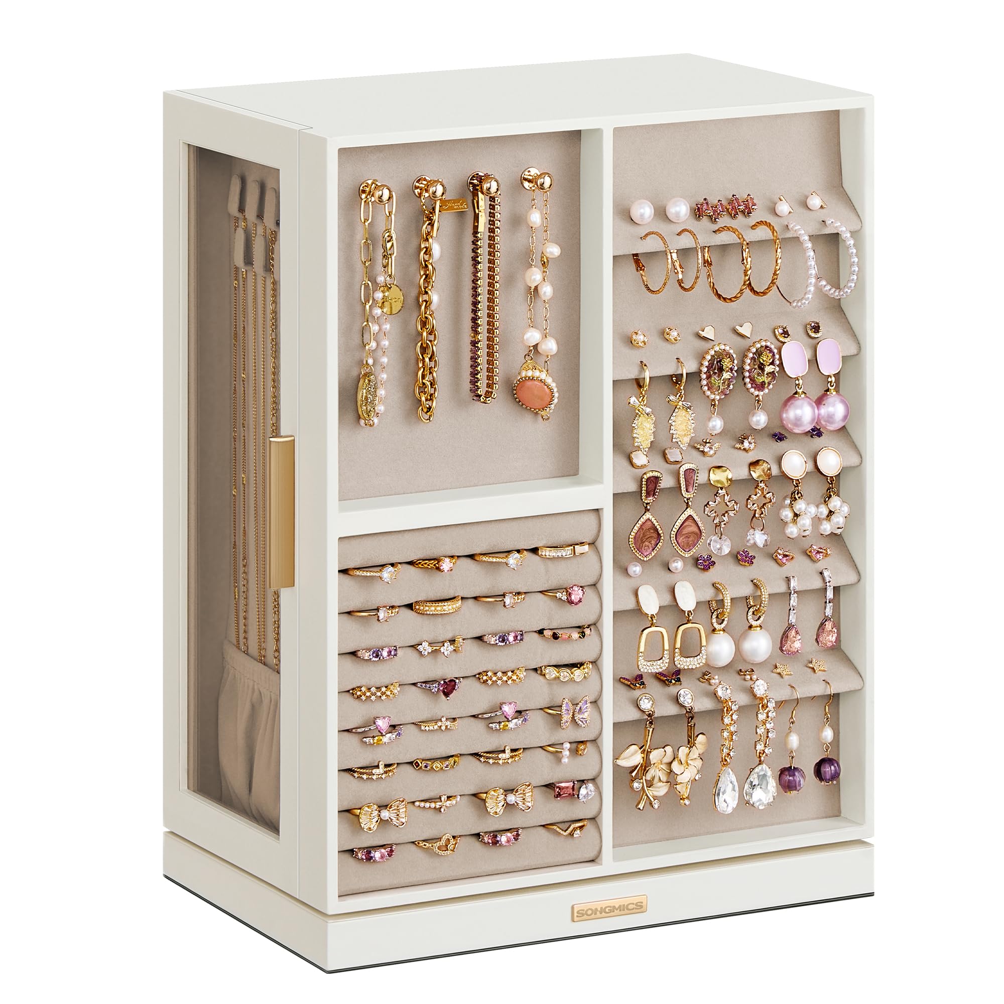 SONGMICS Jewelry Box 360° Rotating, Jewelry Storage Case with 5 Drawers, Jewelry Organizer, Glass Window, Spacious, Vertical Jewelry Storage, Open Design, Great Gift, Cloud White UJBC170W01