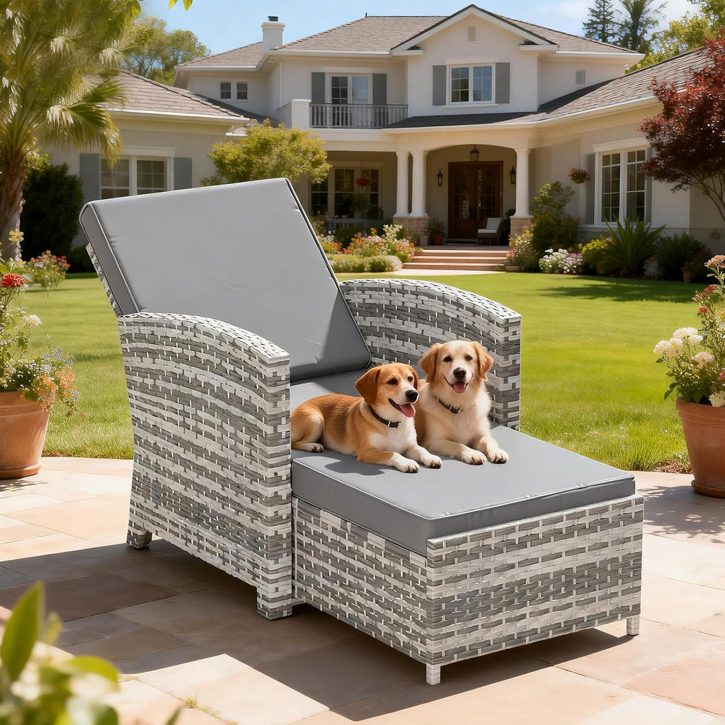 DECMICO 3-Piece Outdoor Wicker Chaise Lounge Set, Infinite Position Adjustable Backrest, Removable Cushion & Glass Side Table – Perfect for Yard, Garden, Backyard