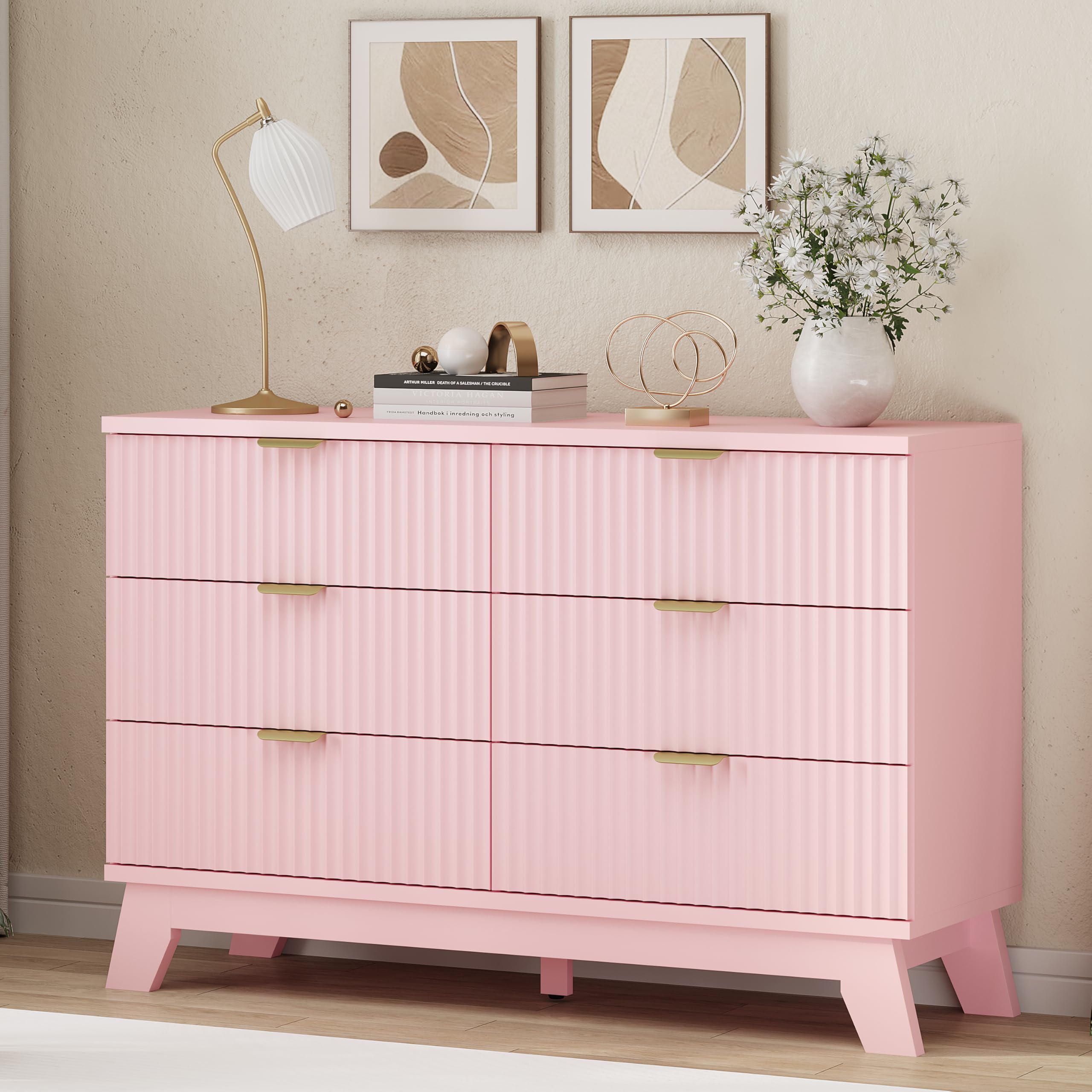 Fluted Dresser for Bedroom with 9 Drawers, 57" Wide Modern Chest of Drawers with Metal Handle, Wooden Dresser TV Stand, Wood Closet Clothes Storage Organizer for Living Room, Hallway, Natural Oak