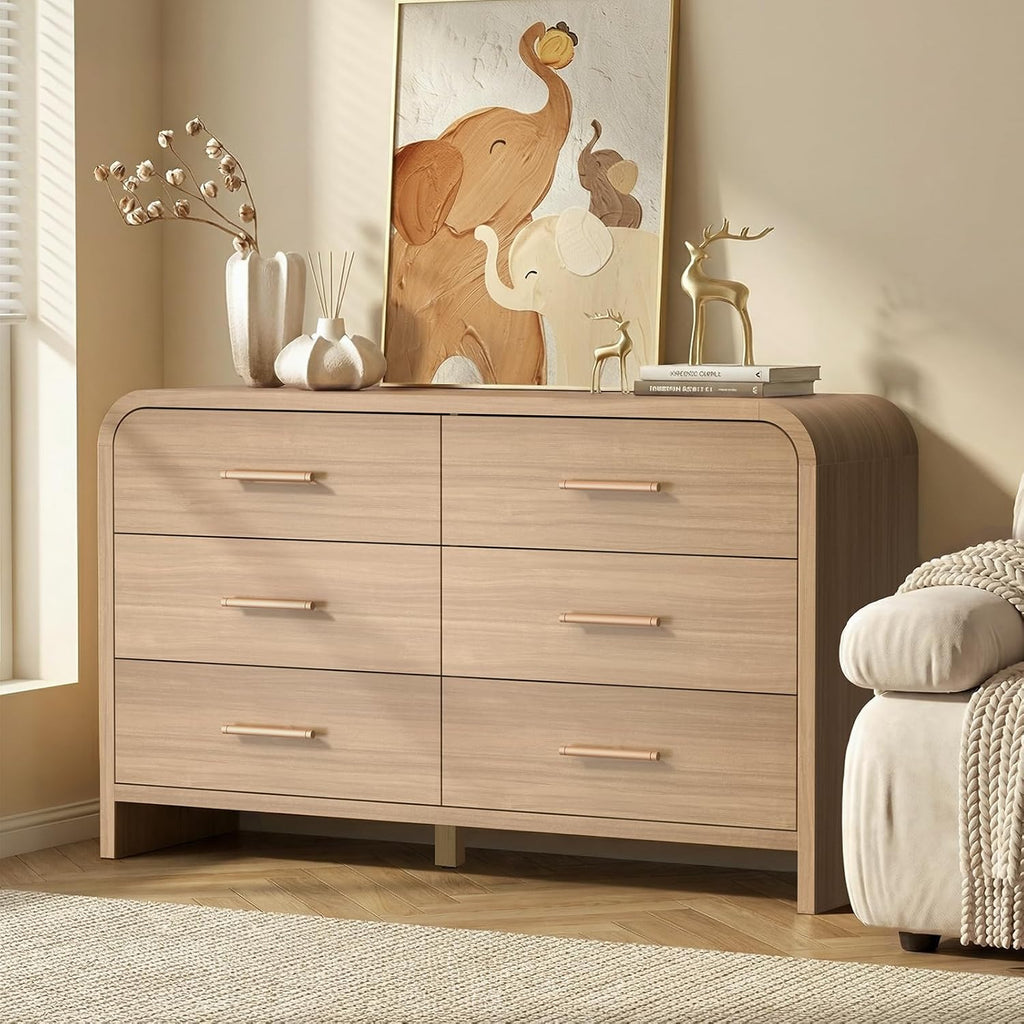 3-Piece Modern Bedroom Furniture Set, 6-Drawer& 1-Drawer Nightstands Set of 2, Unique Curved Design Wooden Dresser and Nightstand Sets for Bedroom, Hallway, Oak