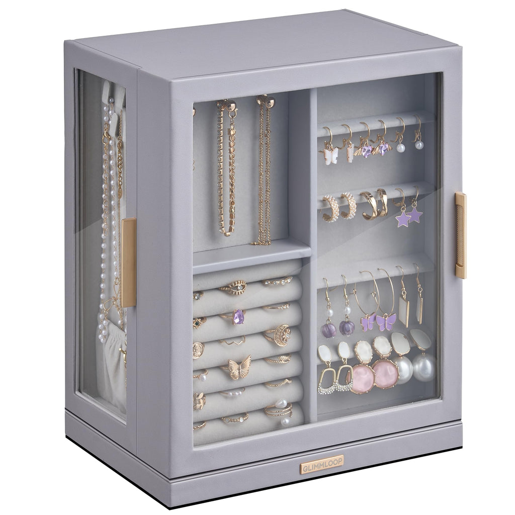 Glimmloop 360° Rotating Jewelry Box with 5 Drawers, Spacious Vertical Jewelry Organizer with Glass Window, Jewelry Storage Case, Dustproof & Moisture-resistant Design, White
