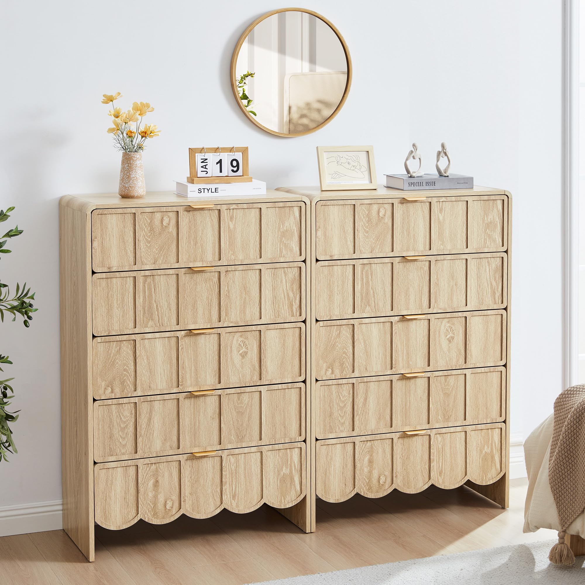 ORRD 3 Drawer Dresser for Bedroom Set of 2, Modern Closet Chest of Drawers with Wave Fluted Drawer, Wood Storage Small Dresser Organizer for Nursery Bedroom Living Room Hallway Closet (Walnut)