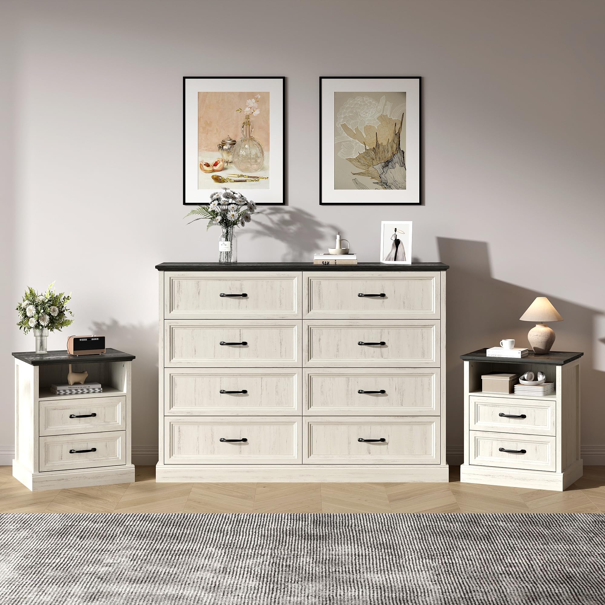 Tradare 3 Pcs Farmhouse Dresser and Nightstand Sets for Bedroom, 6 Drawer Dresser & Nightstand Set of 2, Rustic Wooden Chest of Drawers Wide Storage Organizer for Bedroom, White