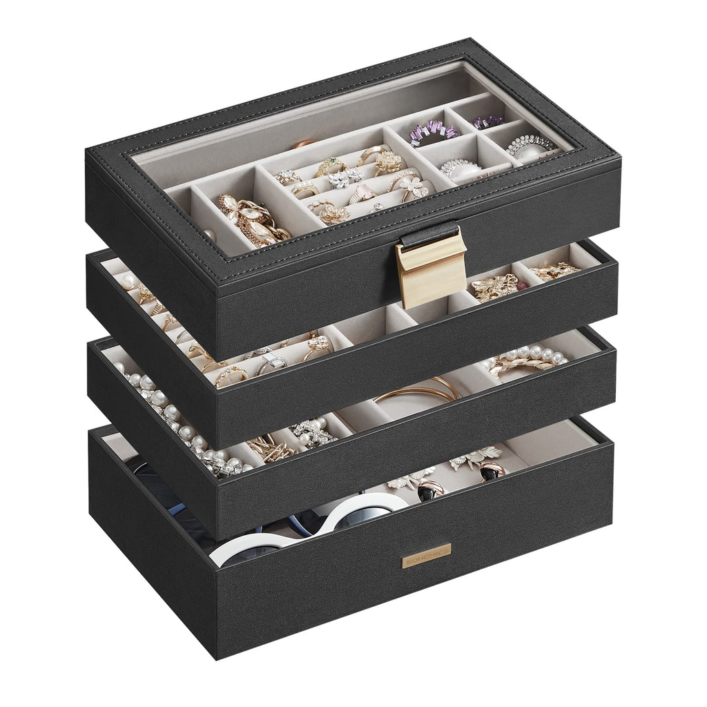 SONGMICS Stackable Jewelry Trays, 4-Tier Jewelry Box, Drawer Jewelry Organizer, with Glass Lid, Removable Dividers, for Vanity Table, 6.7 x 11 x 7.2 Inches, Gift Idea, Cloud White UJBC164W01