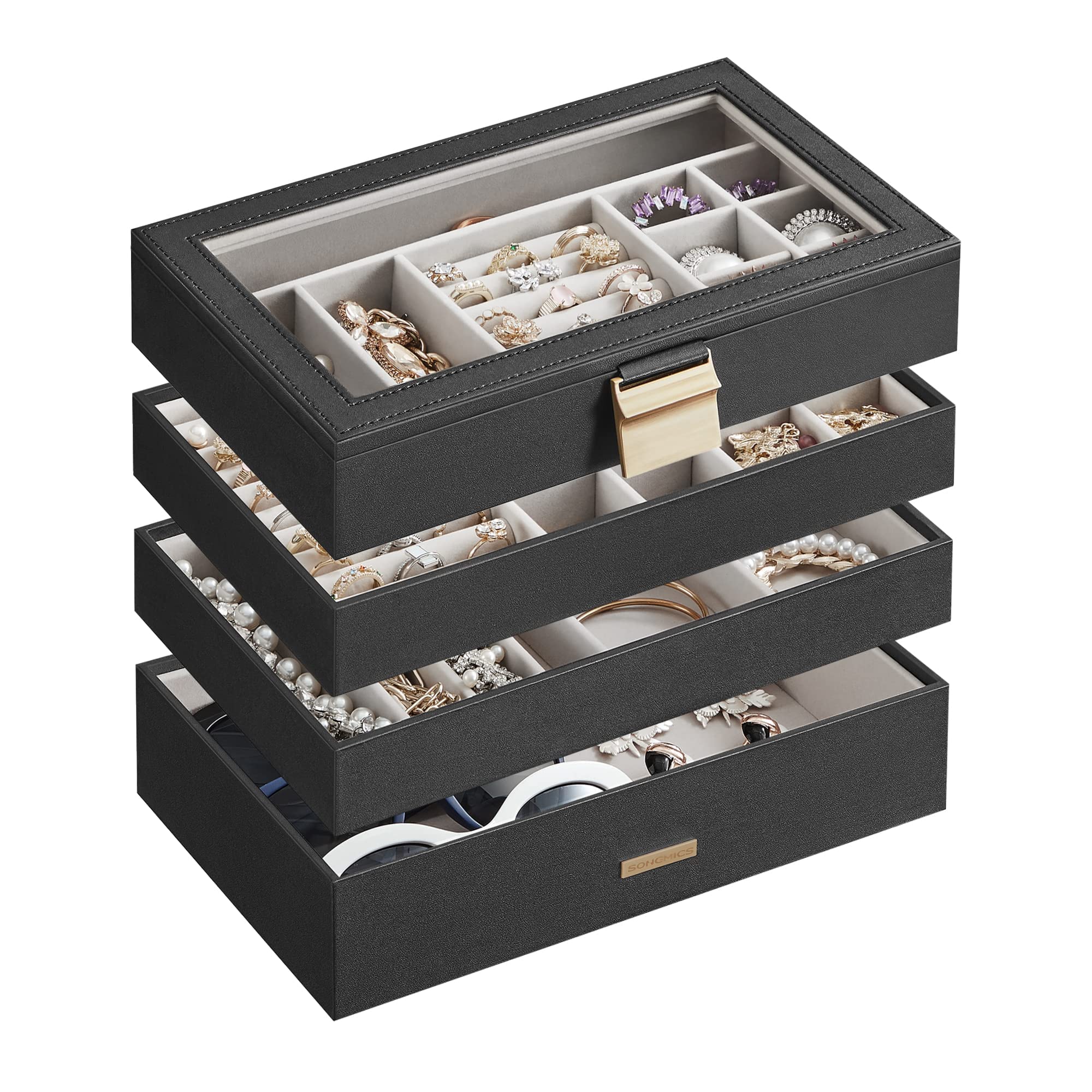 SONGMICS Stackable Jewelry Trays, 4-Tier Jewelry Box, Drawer Jewelry Organizer, with Glass Lid, Removable Dividers, for Vanity Table, 6.7 x 11 x 7.2 Inches, Gift Idea, Cloud White UJBC164W01
