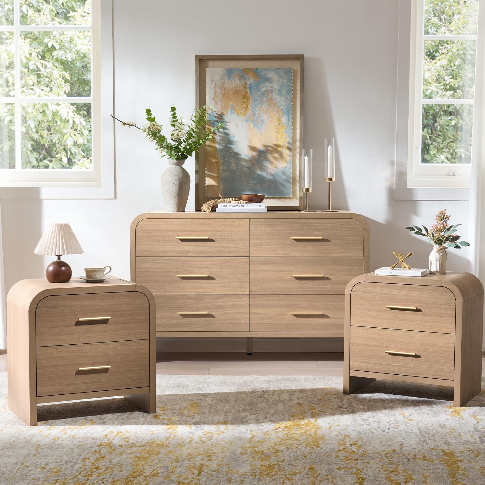 3-Piece Modern Bedroom Furniture Set, 6-Drawer& 1-Drawer Nightstands Set of 2, Unique Curved Design Wooden Dresser and Nightstand Sets for Bedroom, Hallway, Oak