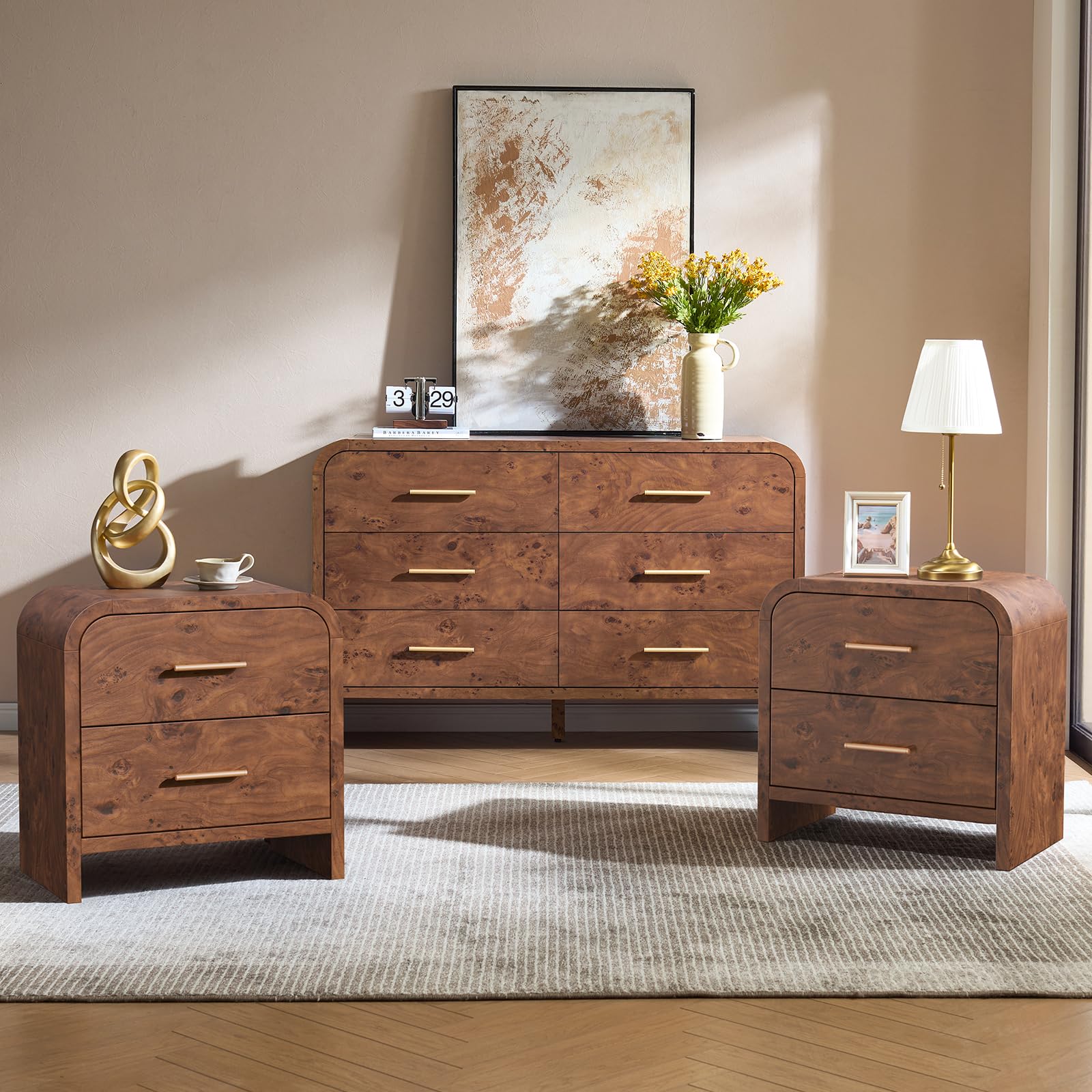 3-Piece Modern Bedroom Furniture Set, 6-Drawer& 1-Drawer Nightstands Set of 2, Unique Curved Design Wooden Dresser and Nightstand Sets for Bedroom, Hallway, Oak