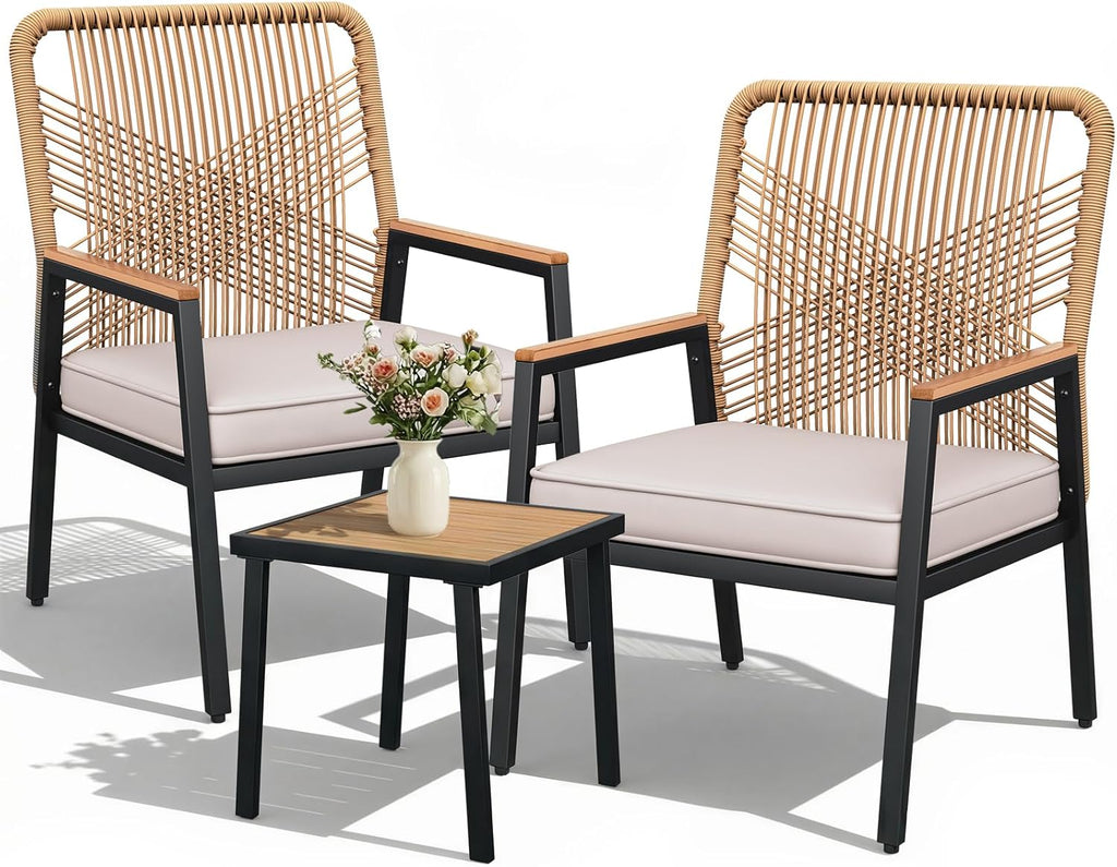 LIFERUN 3-Piece Patio Furniture Set, Outdoor Rattan Chairs with Table, Garden Set with 3.15in Thick Cushions, WPC Armrest, for Balcony, Backyard, Terrace, Beige