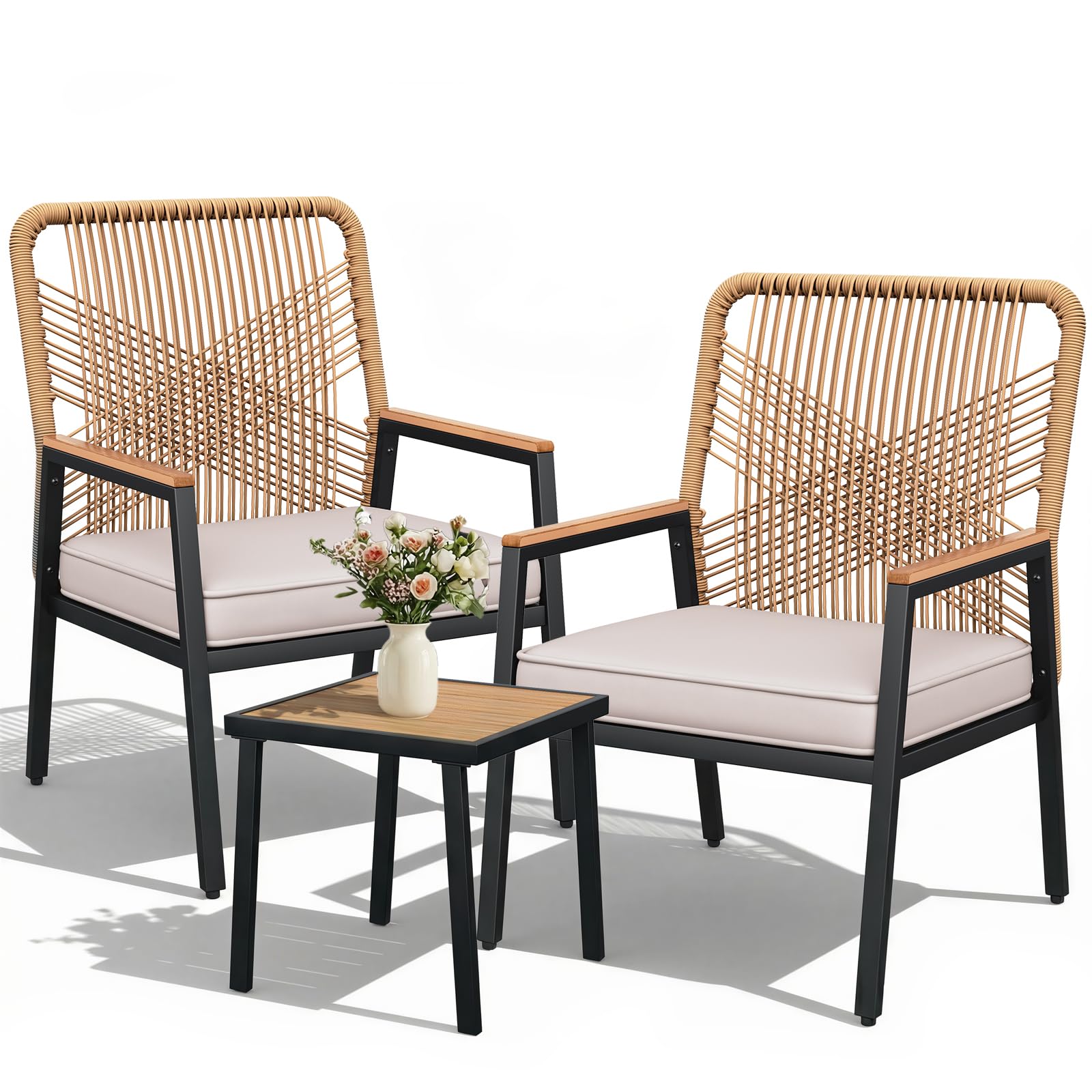 LIFERUN 3-Piece Patio Furniture Set, Outdoor Rattan Chairs with Table, Garden Set with 3.15in Thick Cushions, WPC Armrest, for Balcony, Backyard, Terrace, Beige