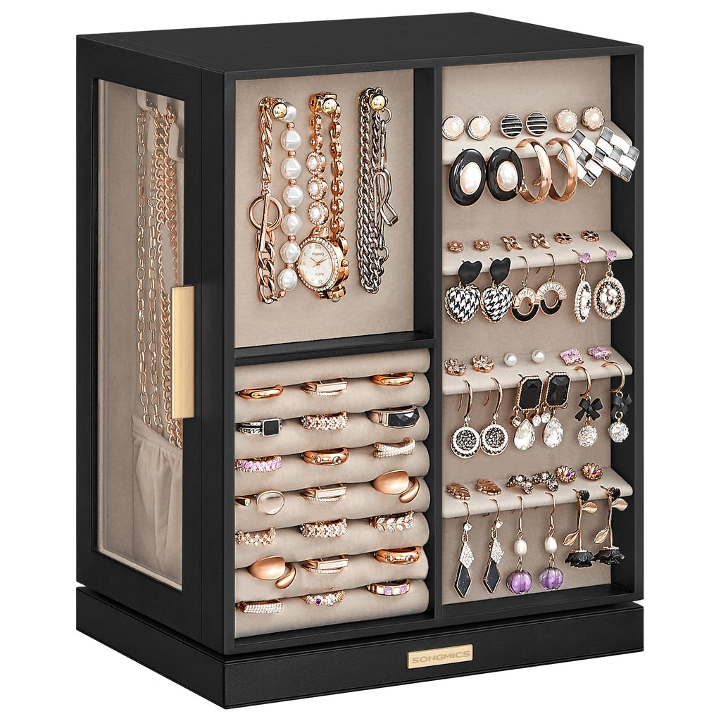 SONGMICS Jewelry Box 360° Rotating, Jewelry Storage Case with 5 Drawers, Jewelry Organizer, Glass Window, Spacious, Vertical Jewelry Storage, Open Design, Great Gift, Cloud White UJBC170W01