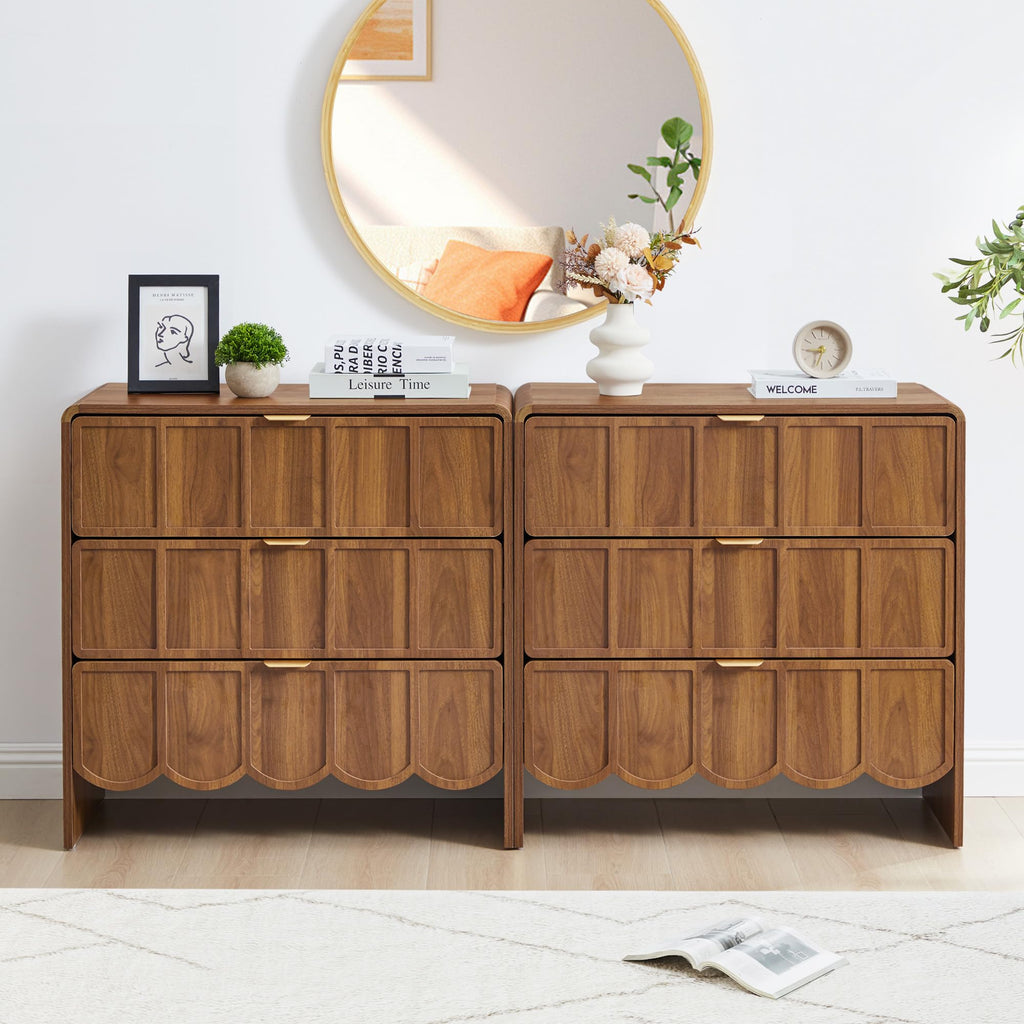 ORRD 3 Drawer Dresser for Bedroom Set of 2, Modern Closet Chest of Drawers with Wave Fluted Drawer, Wood Storage Small Dresser Organizer for Nursery Bedroom Living Room Hallway Closet (Walnut)