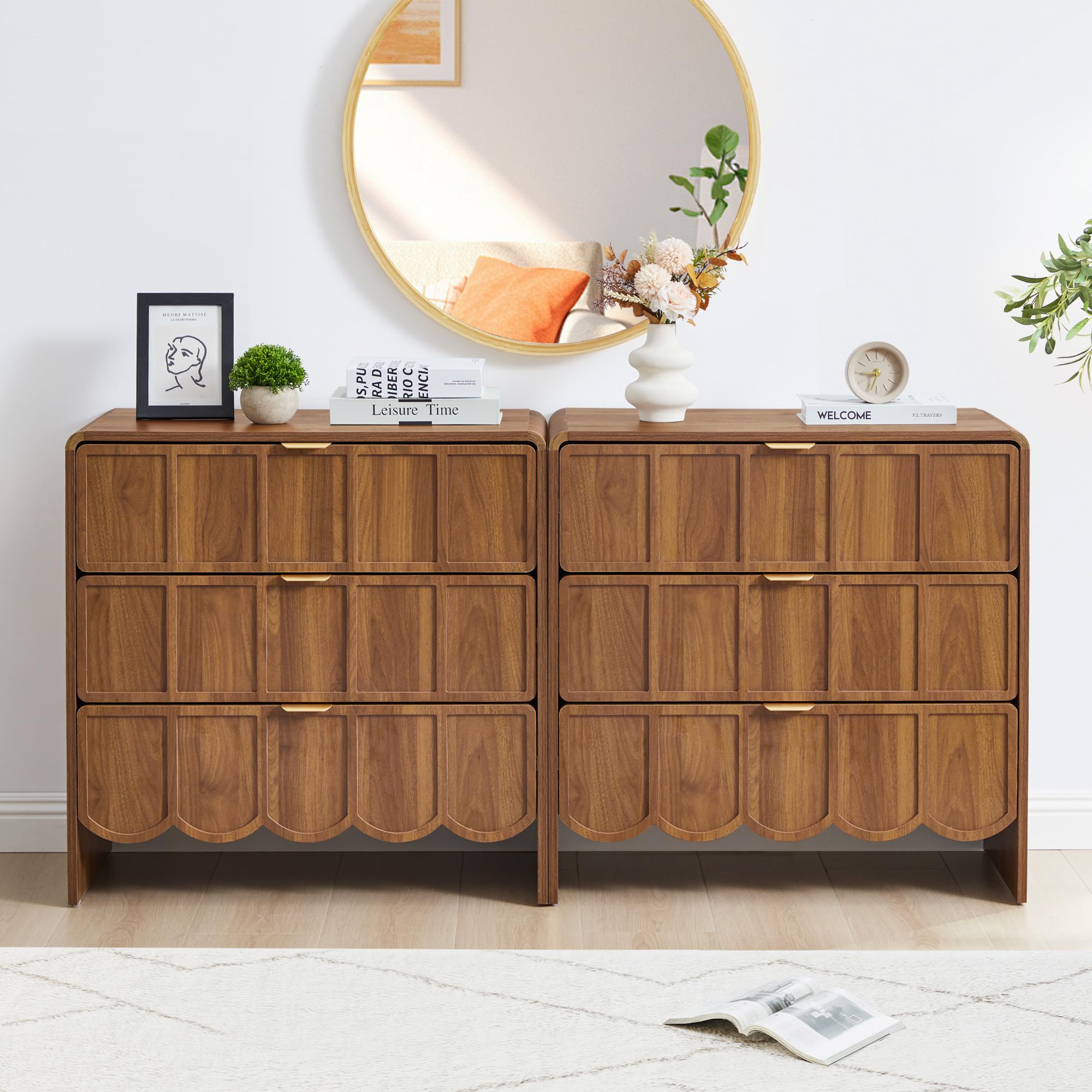 ORRD 3 Drawer Dresser for Bedroom Set of 2, Modern Closet Chest of Drawers with Wave Fluted Drawer, Wood Storage Small Dresser Organizer for Nursery Bedroom Living Room Hallway Closet (Walnut)