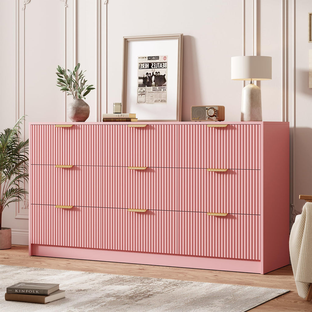 Garvee 6 Drawers Dresser for Bedroom - 54" Wide Modern Fluted Double Chest of Drawers with Golden Metal Handles, Large TV Stand Multi-Function Home Organizer for Living Room, Entryway, Hallway, Black