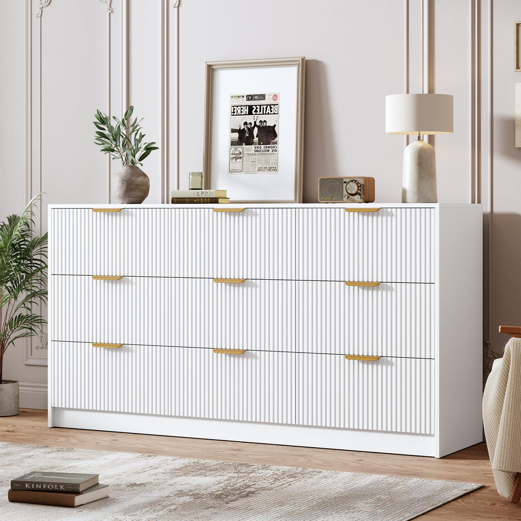 Garvee 6 Drawers Dresser for Bedroom - 54" Wide Modern Fluted Double Chest of Drawers with Golden Metal Handles, Large TV Stand Multi-Function Home Organizer for Living Room, Entryway, Hallway, Black