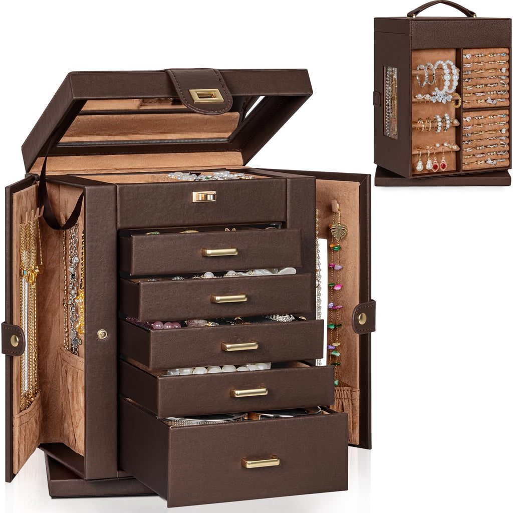 AKOZLIN Jewelry Box 6-Tier Organizer Functional 360° Rotating Jewelry Storage Case for Women Girls Ring Necklace Earring Bracelet Holder with Mirror