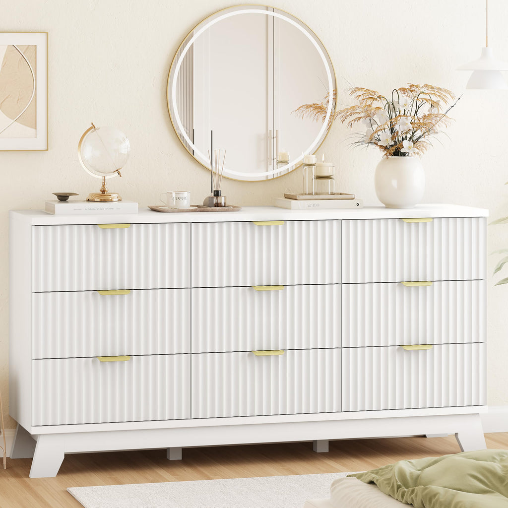 Fluted Dresser for Bedroom with 9 Drawers, 57" Wide Modern Chest of Drawers with Metal Handle, Wooden Dresser TV Stand, Wood Closet Clothes Storage Organizer for Living Room, Hallway, Natural Oak