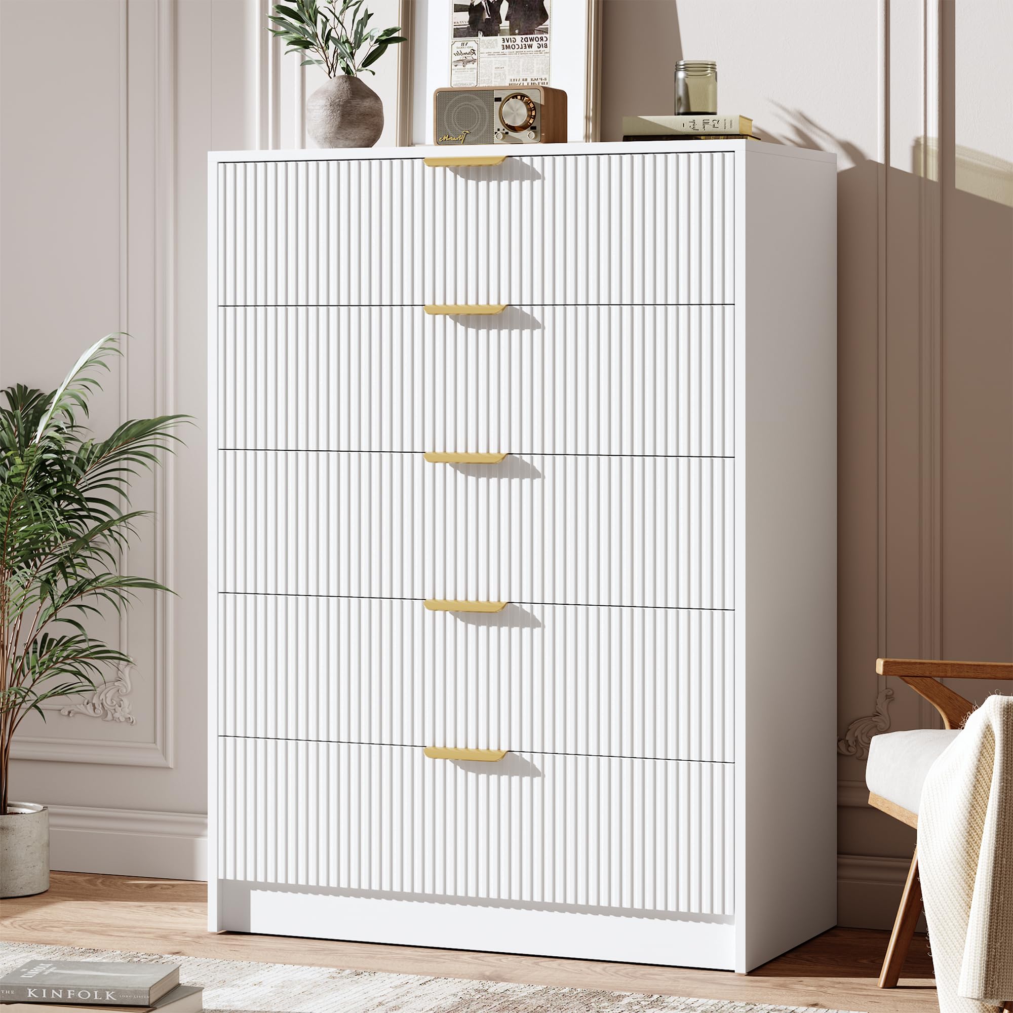 Garvee 6 Drawers Dresser for Bedroom - 54" Wide Modern Fluted Double Chest of Drawers with Golden Metal Handles, Large TV Stand Multi-Function Home Organizer for Living Room, Entryway, Hallway, Black